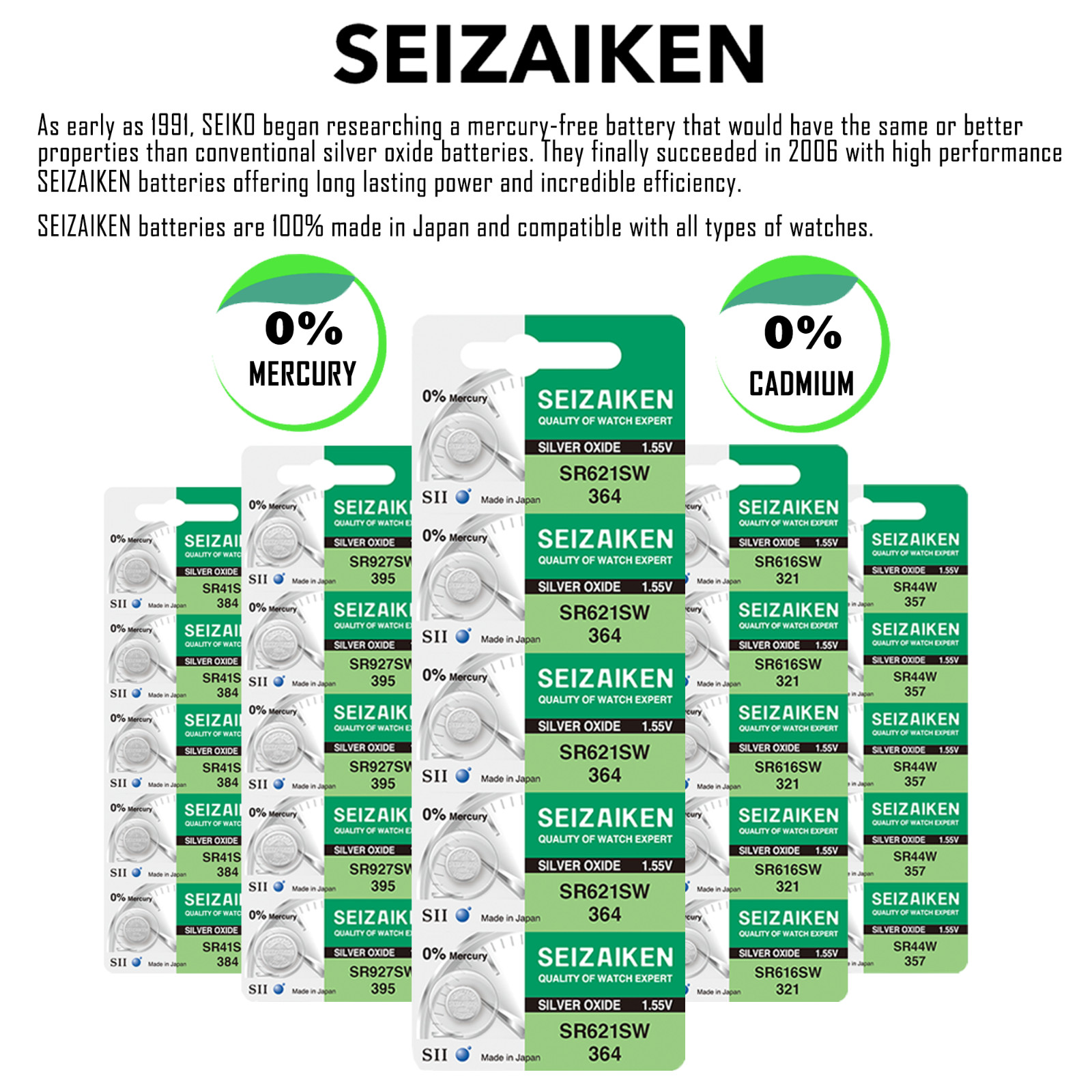 Seizaiken 362 SR721SW 1.55V 0%Hg Silver Oxide Watch Battery (10 Batteries)