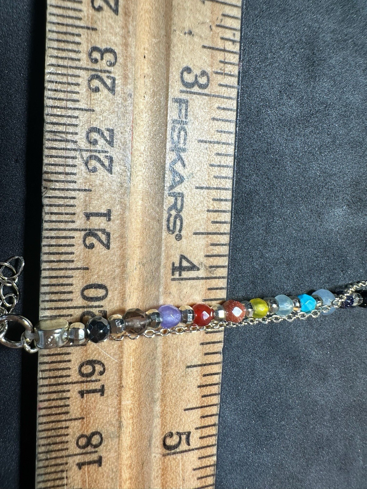 3.75 Vintage Sterling Silver Multi Gemstone Beaded Bracelet Cross Charm 7.3 in