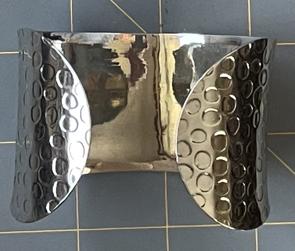 Wide Hammered Look Silver Tone Cuff Bracelet Artisan Sculptural Boho Statement