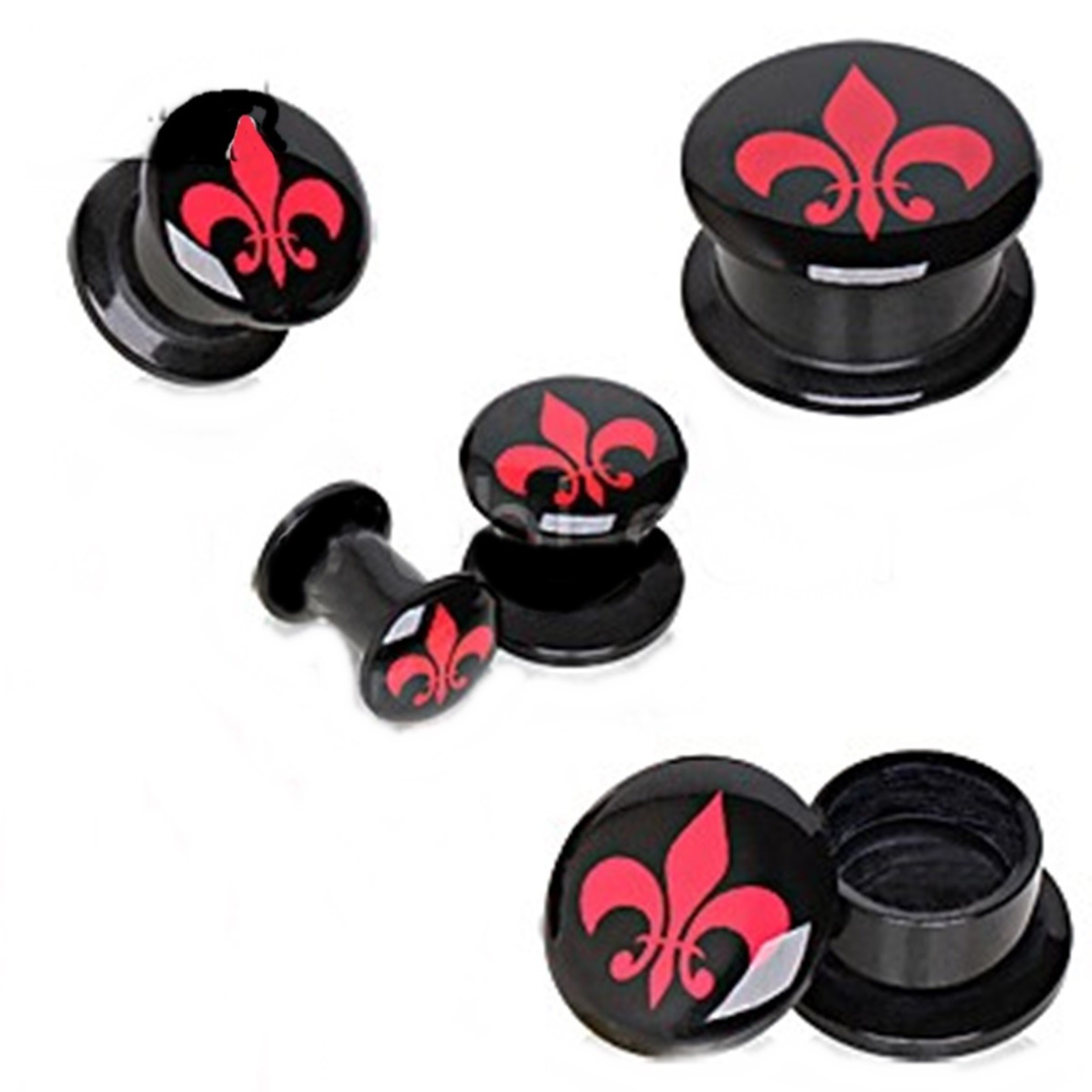 PAIR-Fleur De Lis Red on Black Acrylic Screw On Stash Ear Plugs 04mm/6 Gauge Bod