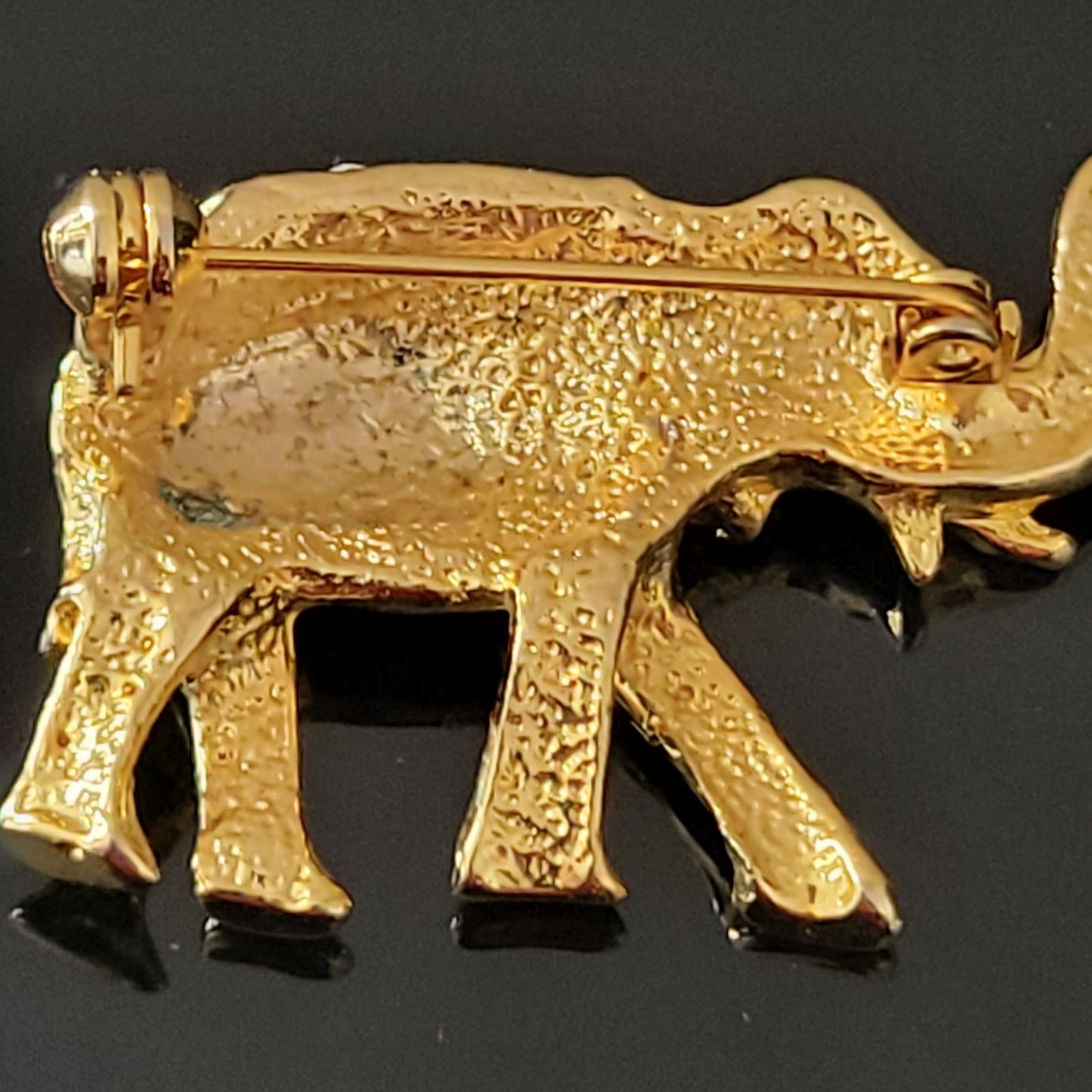 Exquisite Elephant Black and Gold Enamel with Rhinestones on Top and Eye
