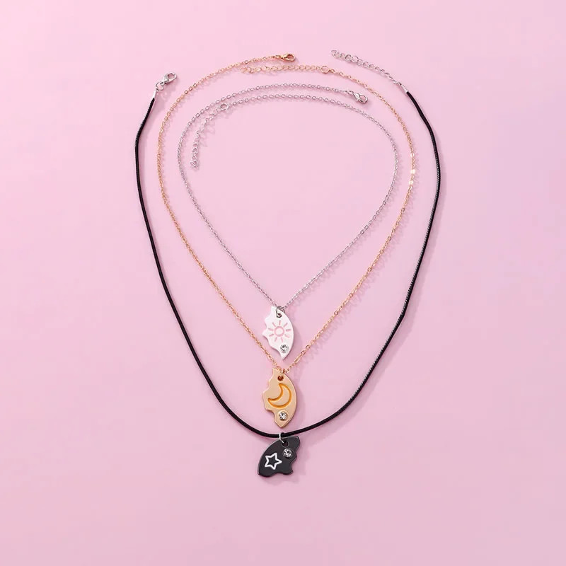 Sun Moon Star Necklace 3Pcs Friendship Pendant Jewelry for Best Friends Couple