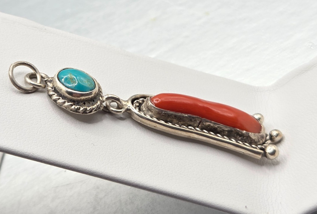 Vintage Navajo Sterling silver Natural Turquoise Red Coral Pendant