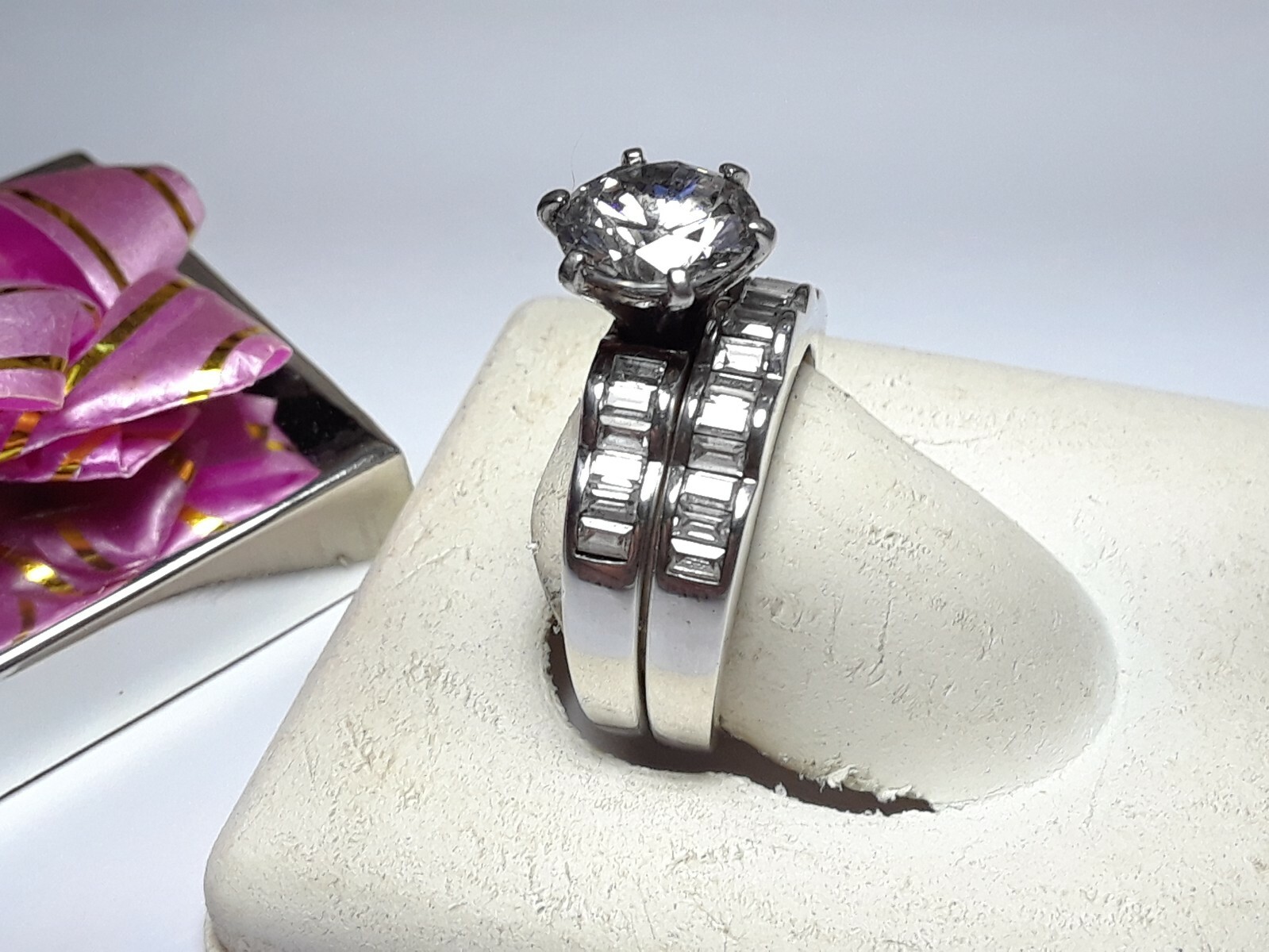 4.0cttw Round & Baguette CZ Channel Sterling Silver Bridal Engagement Set #15482