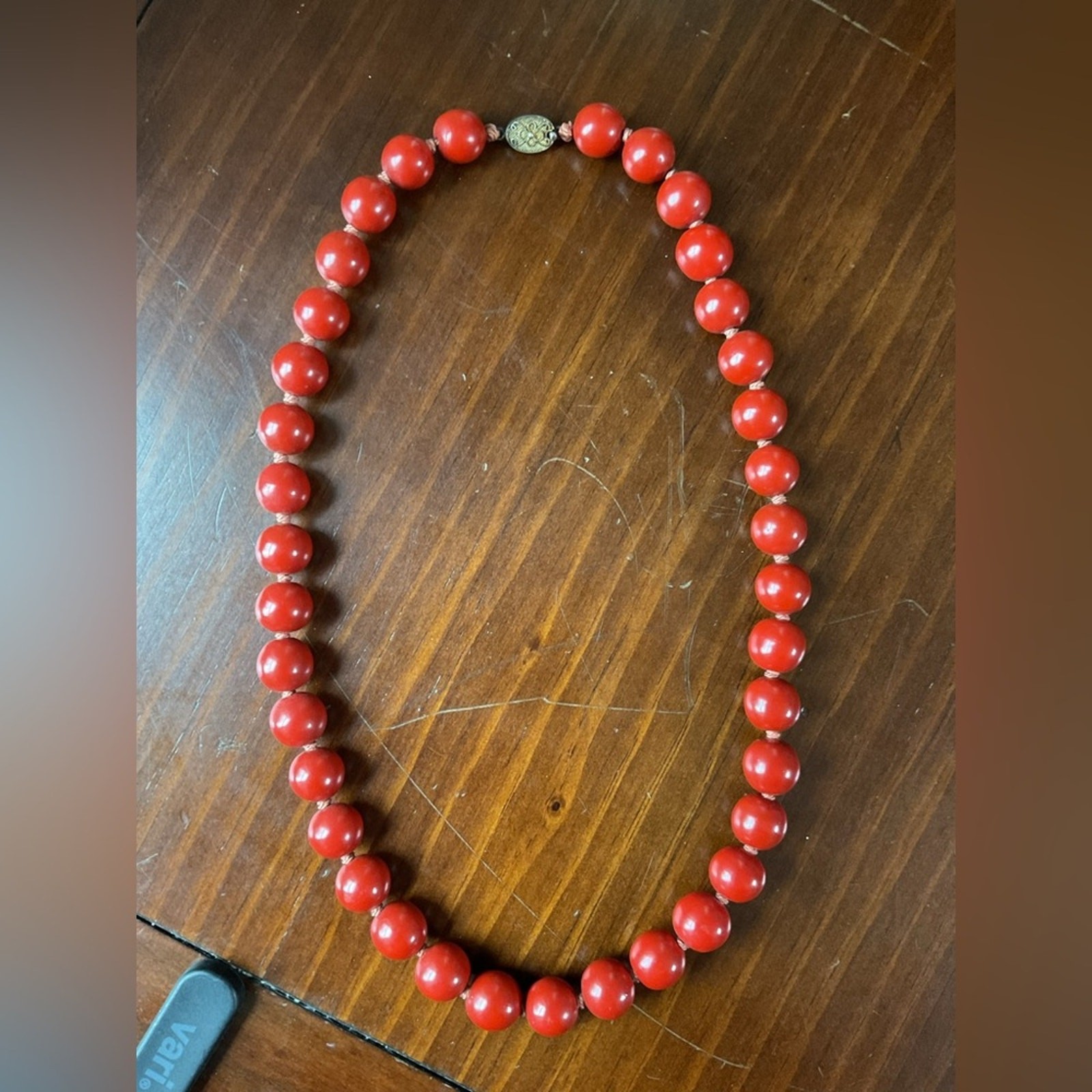 Vintage Rare Chinese Export Red Wooden Bead Silver Filigree Clasp Necklace