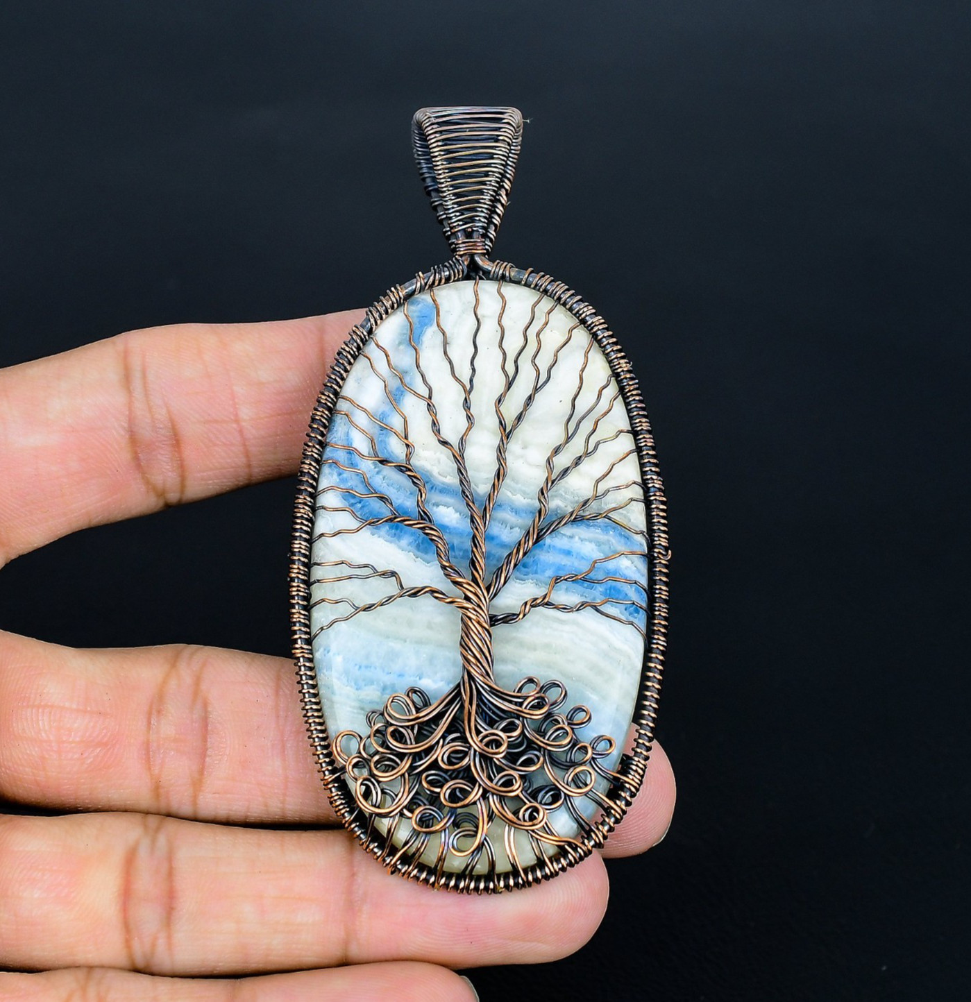 Blue Scheelite Handmade Gemstones Copper Wire Wrap Tree Of Life Pendant Jewelry
