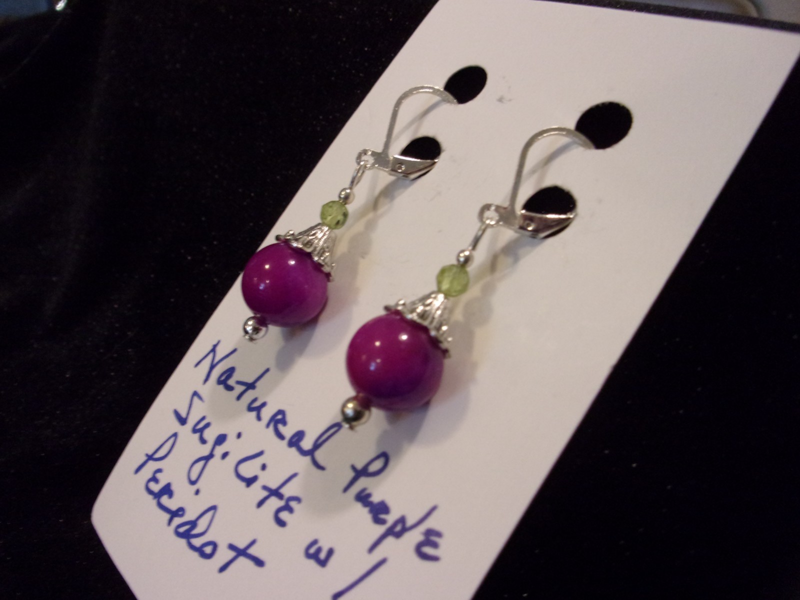 925 Natural Sugilite & Peridot Leverback Earrings w/Matching Bracelet 7 1/2″