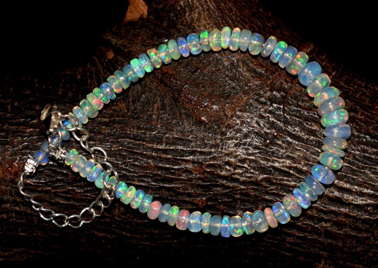 925 Sterling Silver Natural Ethiopian Opal Gemstone Beads 7″Bracelet F1729