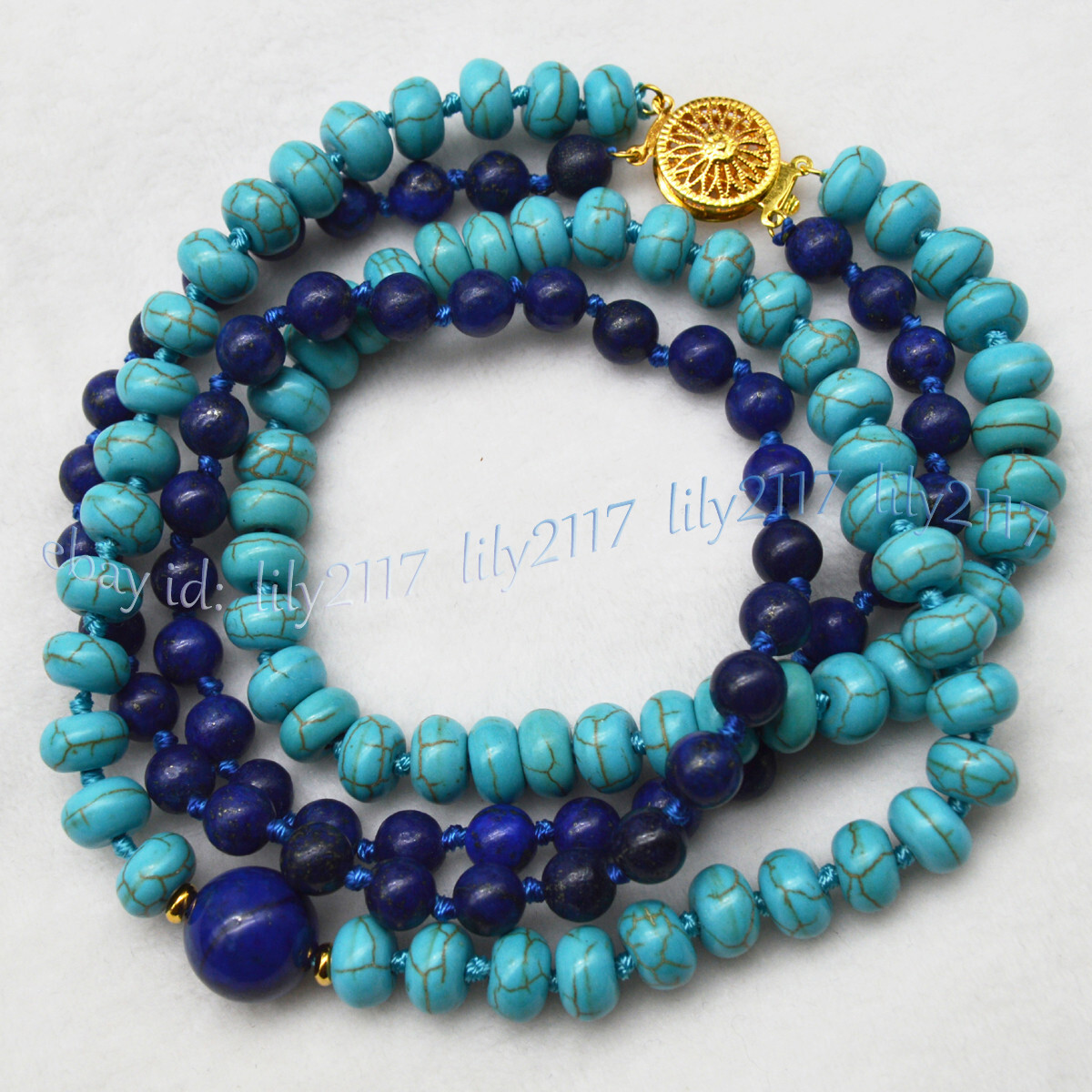 2 Rows 5x8mm Blue Turquoise Rondelle Gems & Round Lapis Lazuli Necklaces 17-18”