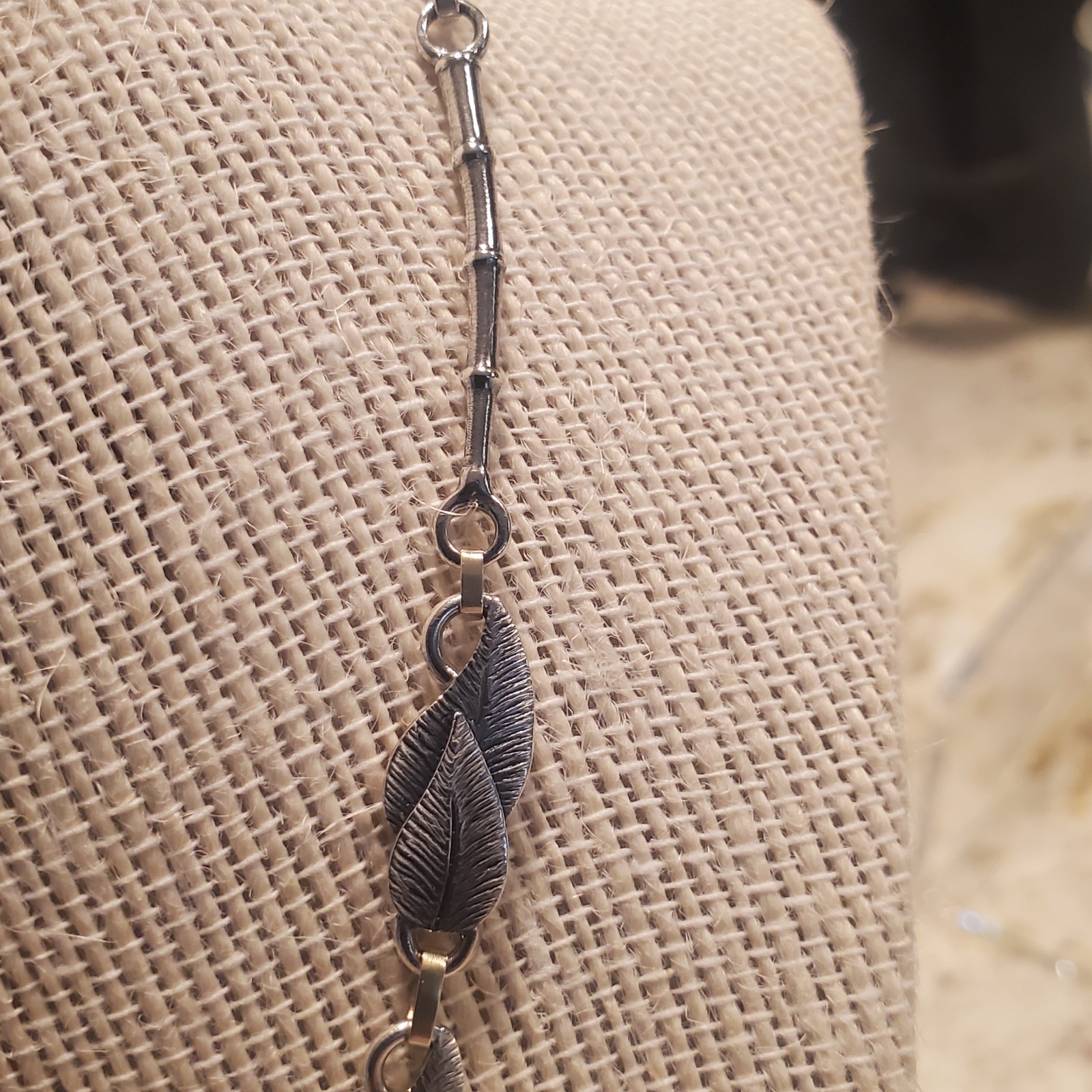 Sterling Silver Leaf & Bamboo style necklace links with diamond