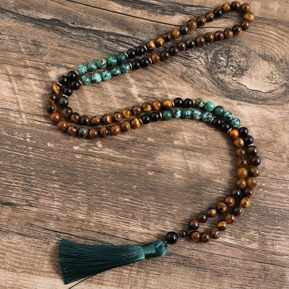 108 Mala Beads African Turquoise Obsidian Tiger’s Eye Tassel Necklace Handmade