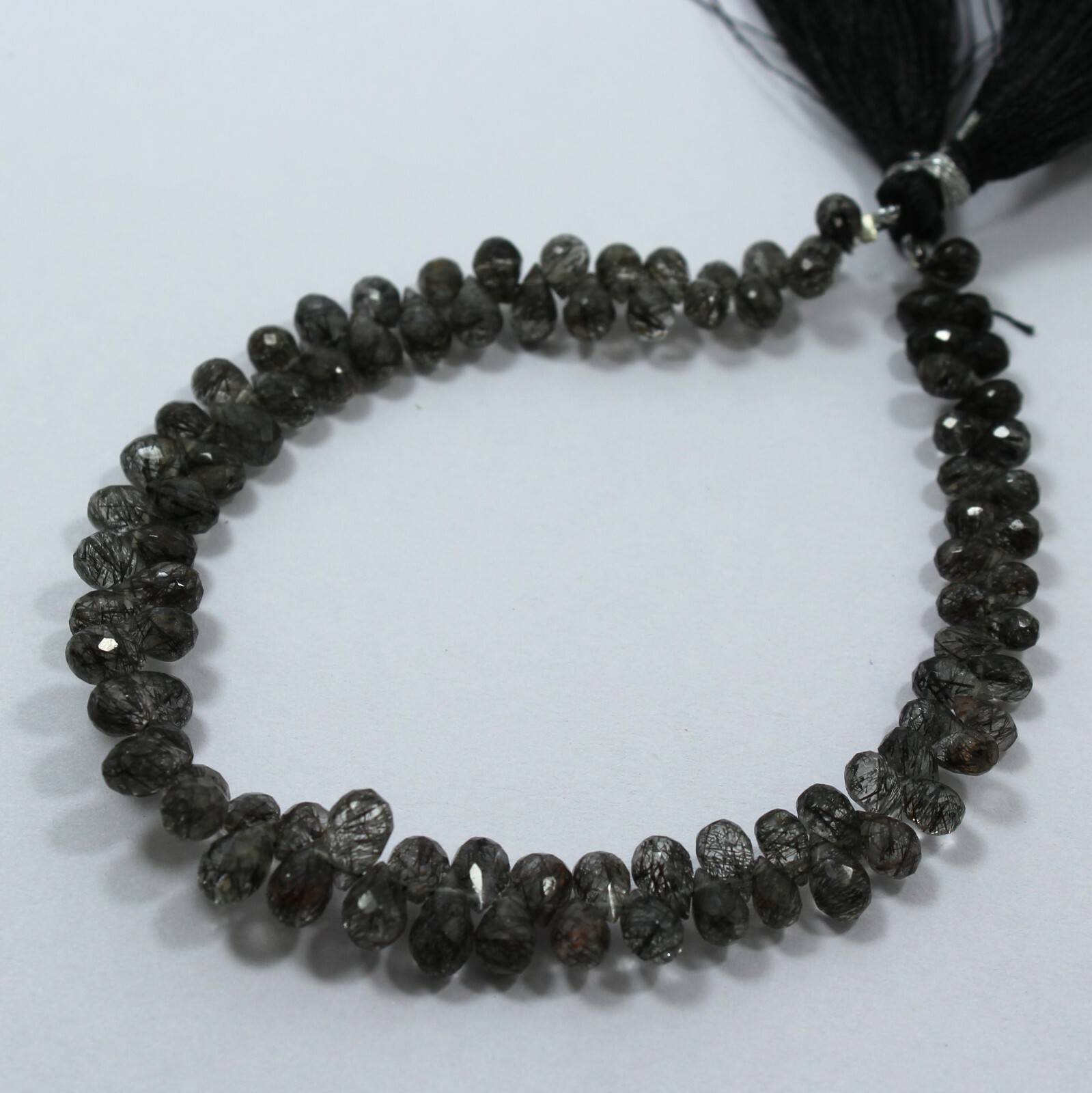 64 Carat 3.5×5 to 5×7 MM Natural Black Rutilated Quartz Drops Cut Beads 8 Inch