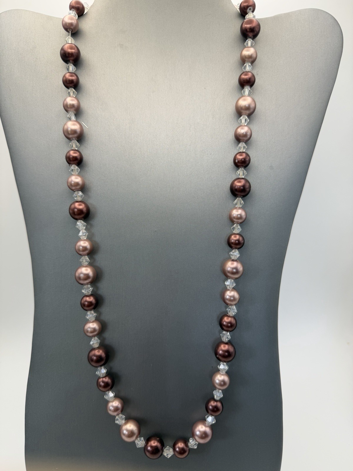 Mauve/DustyRose Beaded Necklace Faceted Beads Crystal Spacers 24”