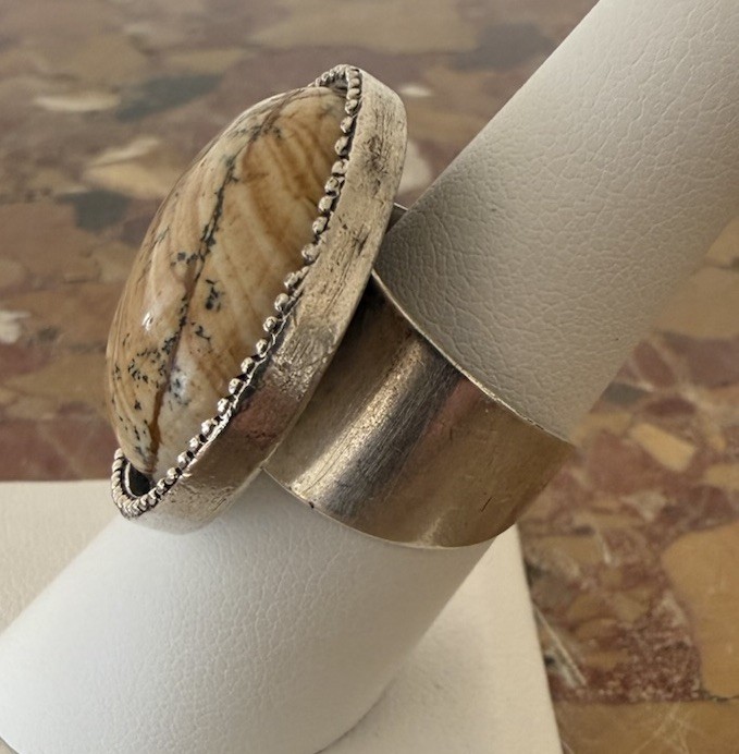 VTG Picture Jasper Ring 925 Sterling Silver Round Cabochon Brown Tan Swirls 7.5