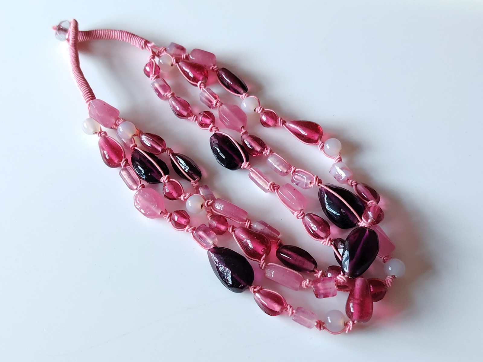 Pink Material Glass Bead Necklace Multi strand Mixed Shape Layering Toggle Clasp