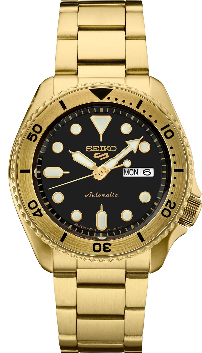 Seiko 5 Sports Automatic 42.5mm Black Dial Gold Stainless Steel Watch SRPK18