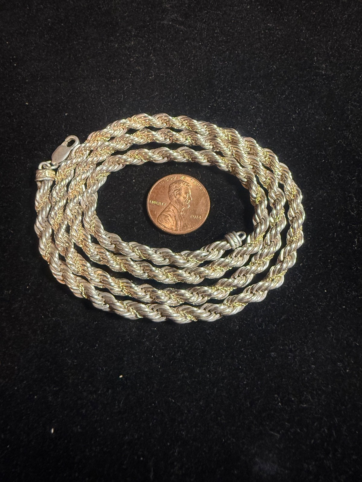 VTG 925 STERLING SILVER & 14K YELLOW GOLD NECKLACE PENDANT ROPE CHAIN 24″ 4.9MM