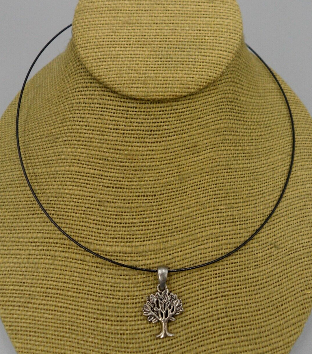 Vintage Tree Pendant Necklace Vinyl Coated Wire Choker Boho Screw Clasp 18″