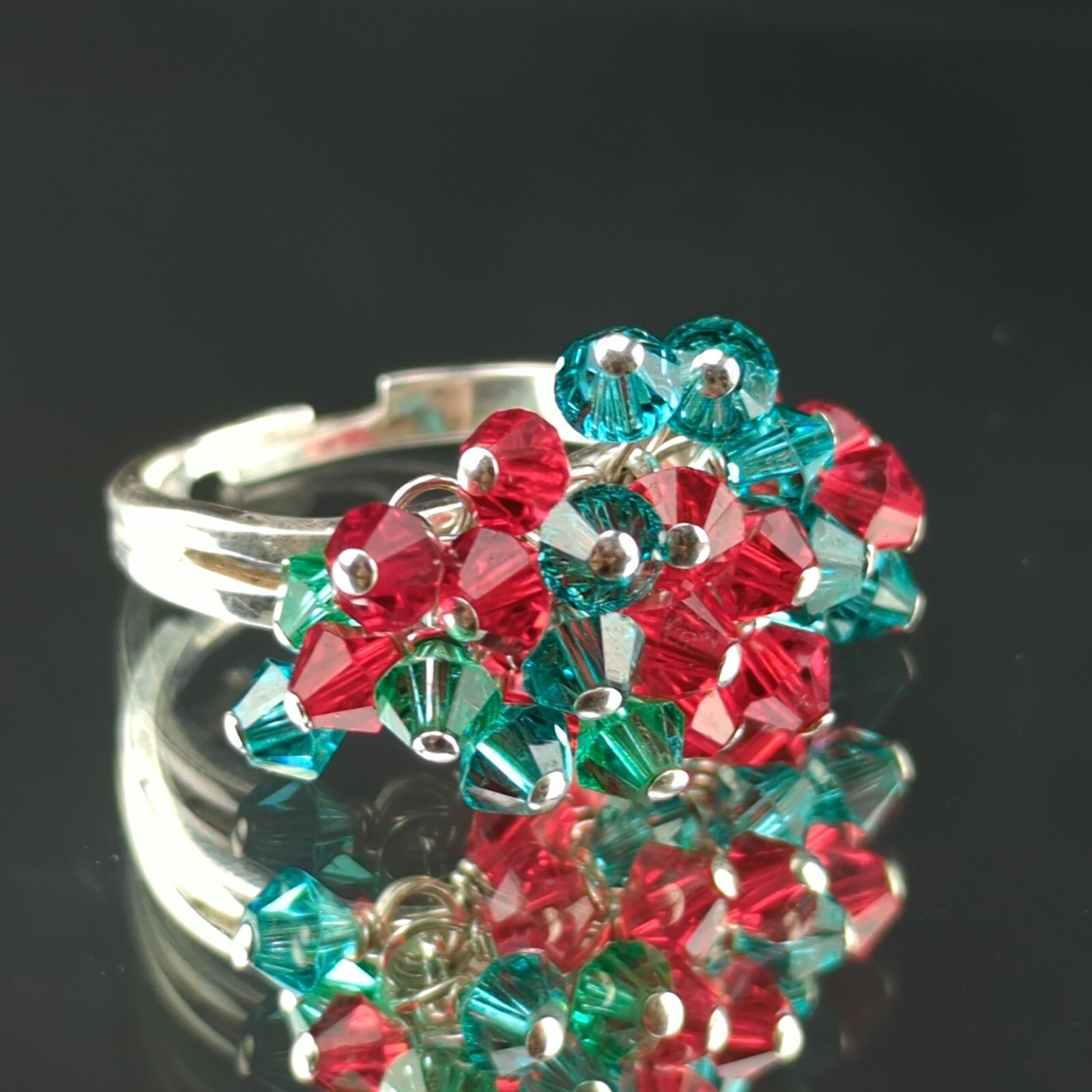 Vintage 925 Sterling Silver Split Ring Colorful Red Teal Plastic Bead – Size 7.5