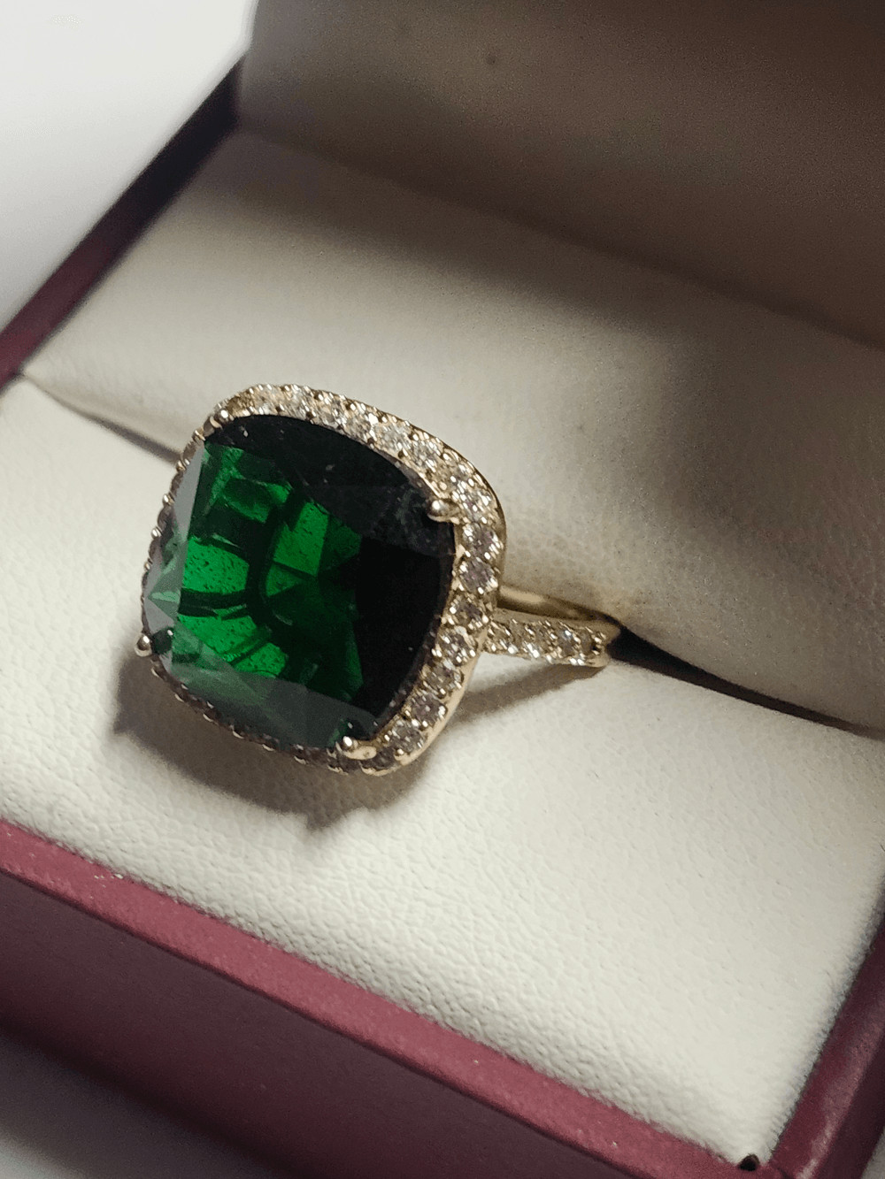 Fuzion Creations Gold Over Sterling Silver Cushion Green Halo Ring w/ Pave Band