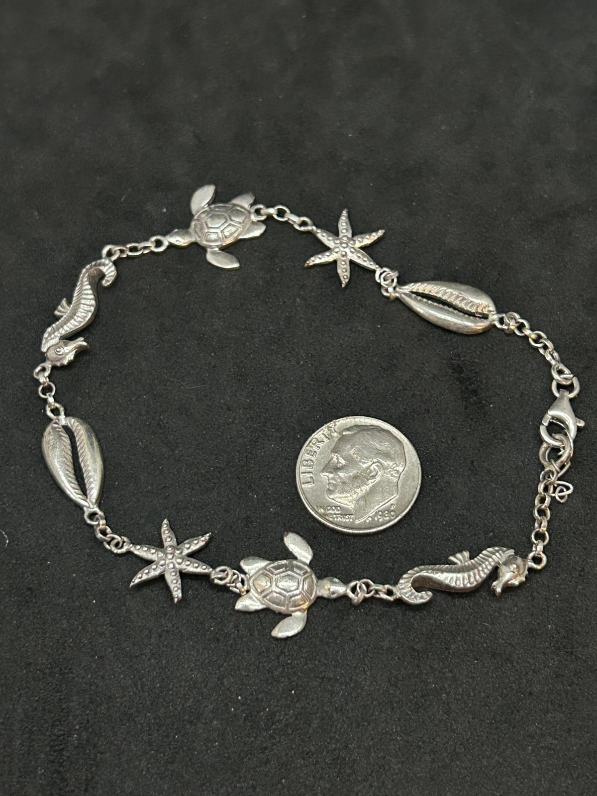 925 Sterling Beach Turtle Starfish Seahorse Seashell Bracelet 11mm 9in – 9.35g