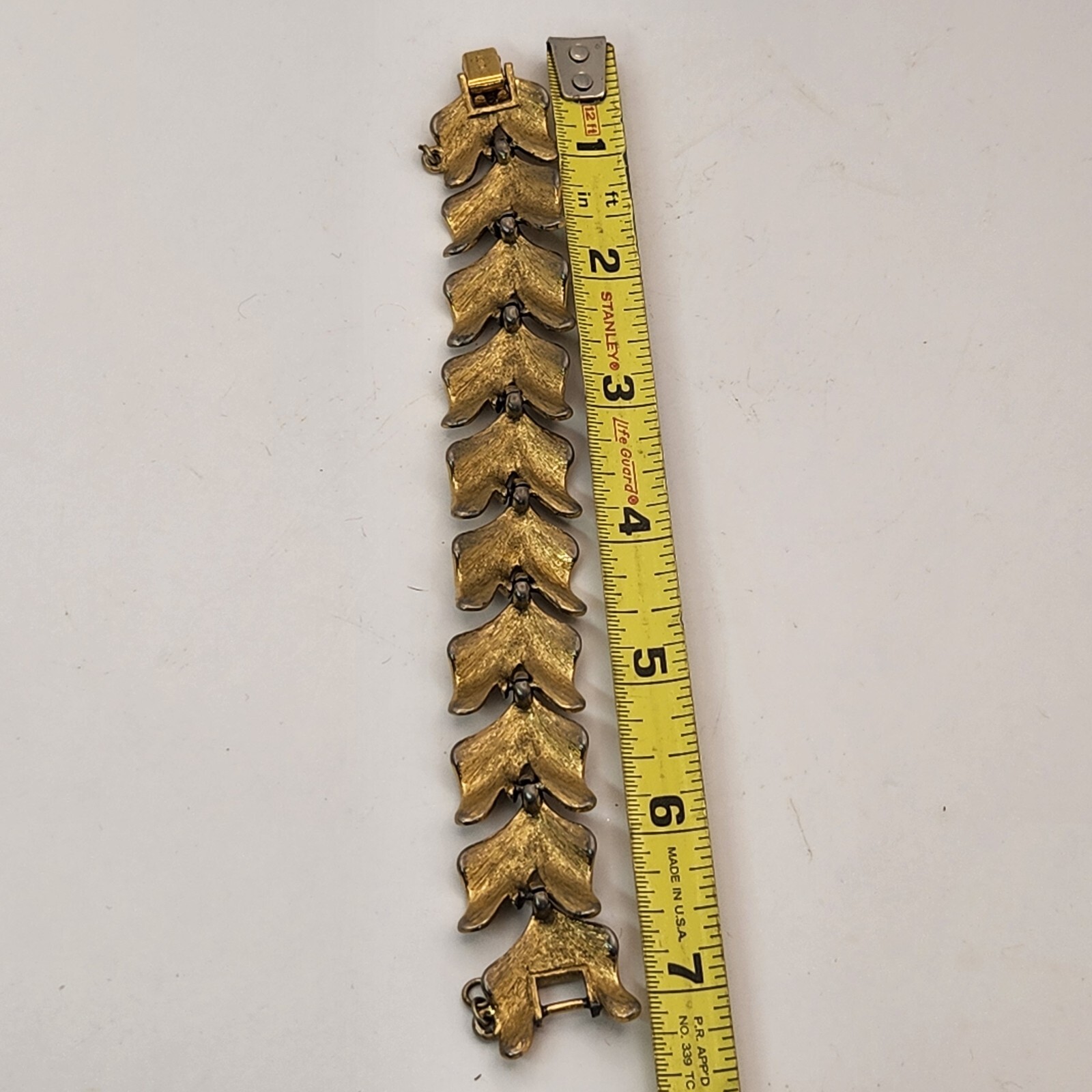 Vintage Monet Gold Tone Leaf Link Bracelet With Safety Chain Chunky Textured