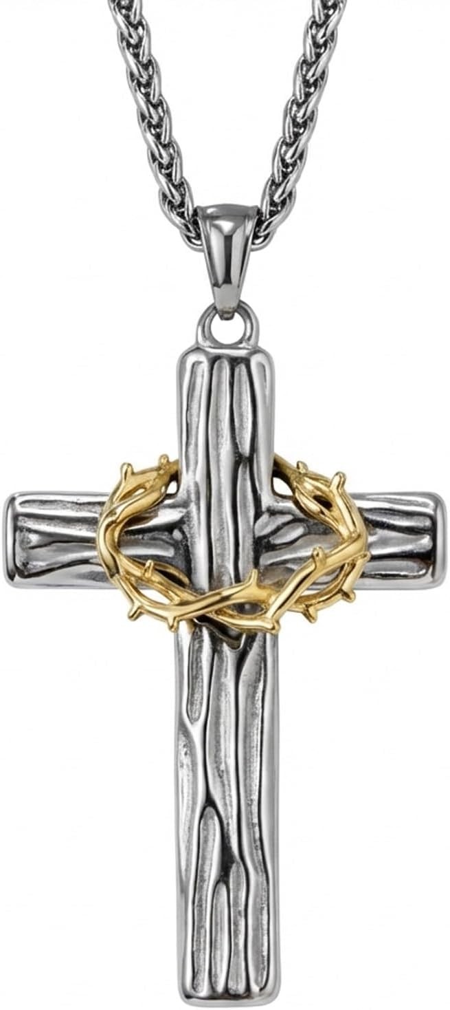 Crown of Thorns Cross Necklace, Silver Gold Stainless Steel Twisted Vine