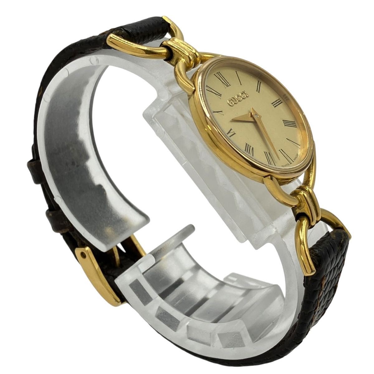 Working GUCCI watch gold dial quartz leather belt 6000L