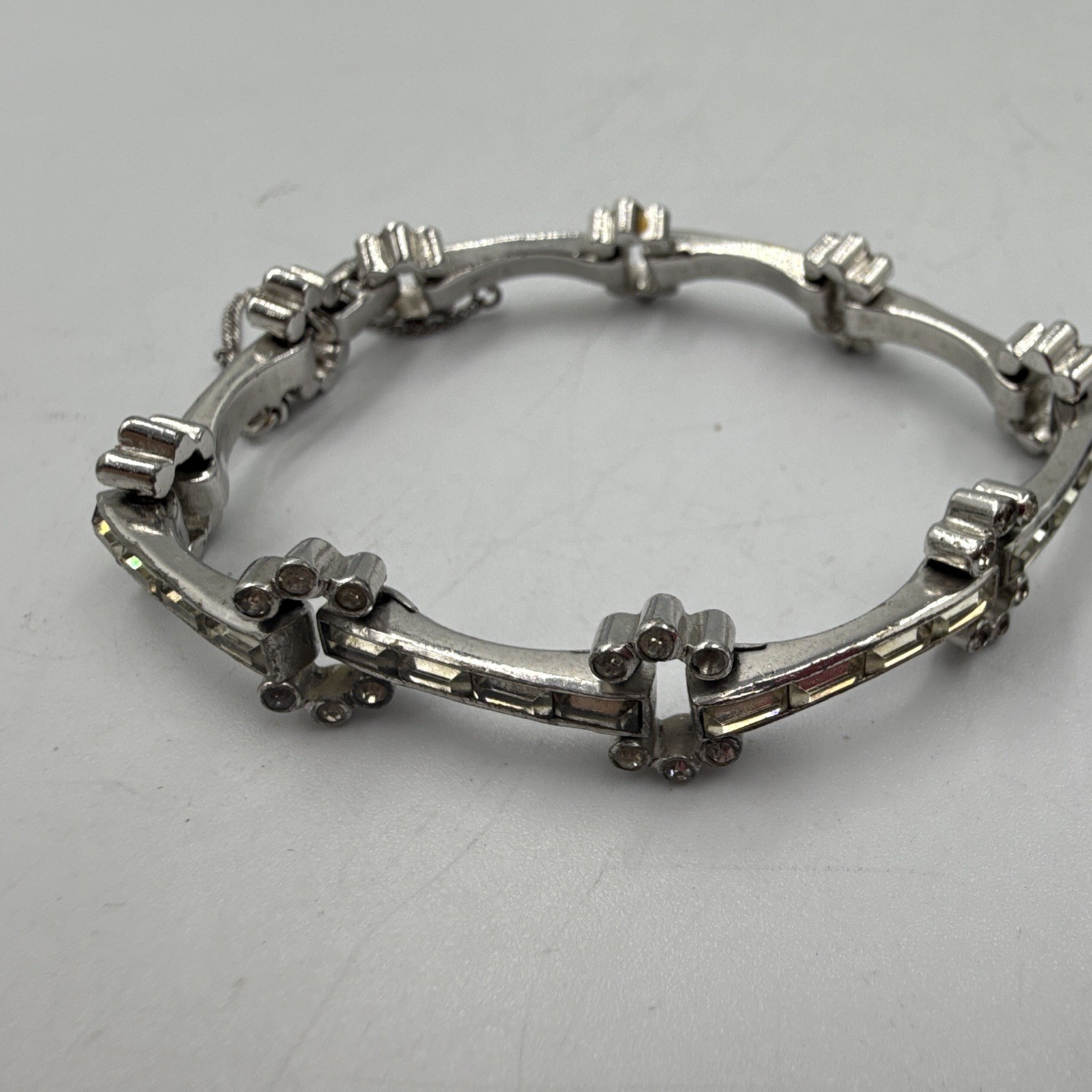 Silver Tone Round Clear Crystal link Bracelet Safety Chain Box Clasp