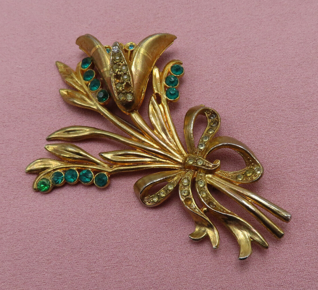 Antique Rhinestone Brooch Flower Clear Green Crystal 3.75 in OOAK Vintage 253f