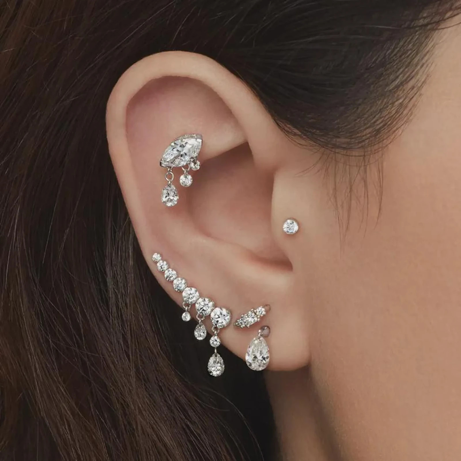 925 Sterling Silver Moissanite Pear Round Dangle Statement Earrings