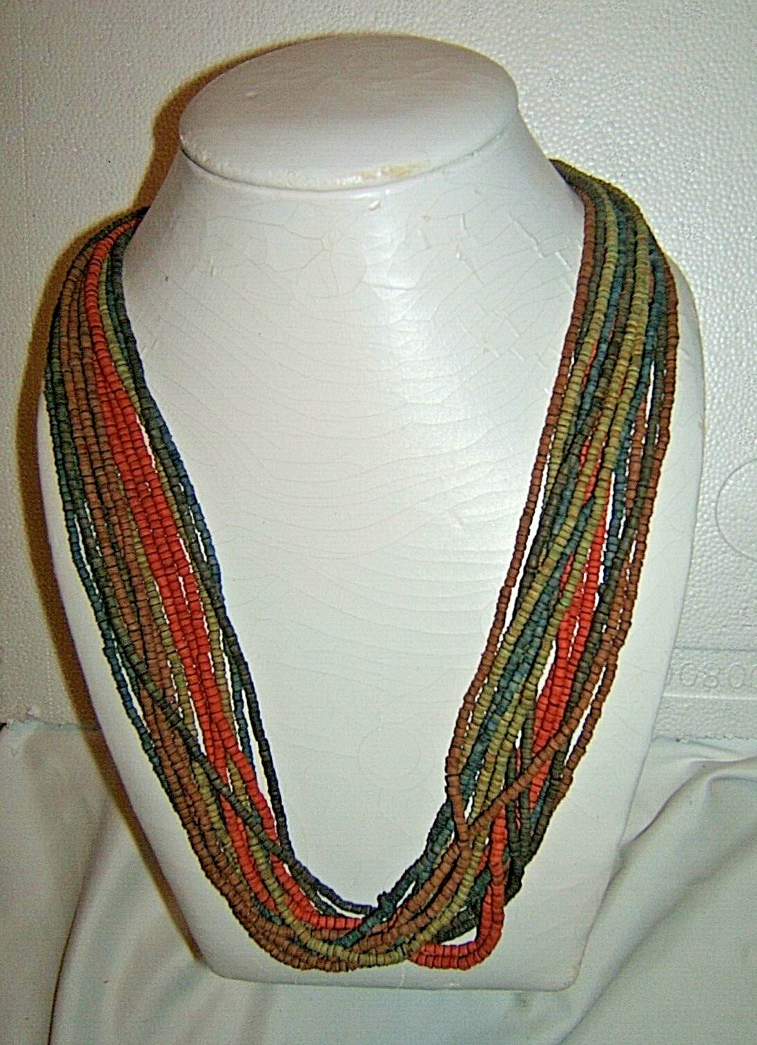 Boho Multi-strand Tube Bead Necklace-Green,Orange,Blue,Brown 28″