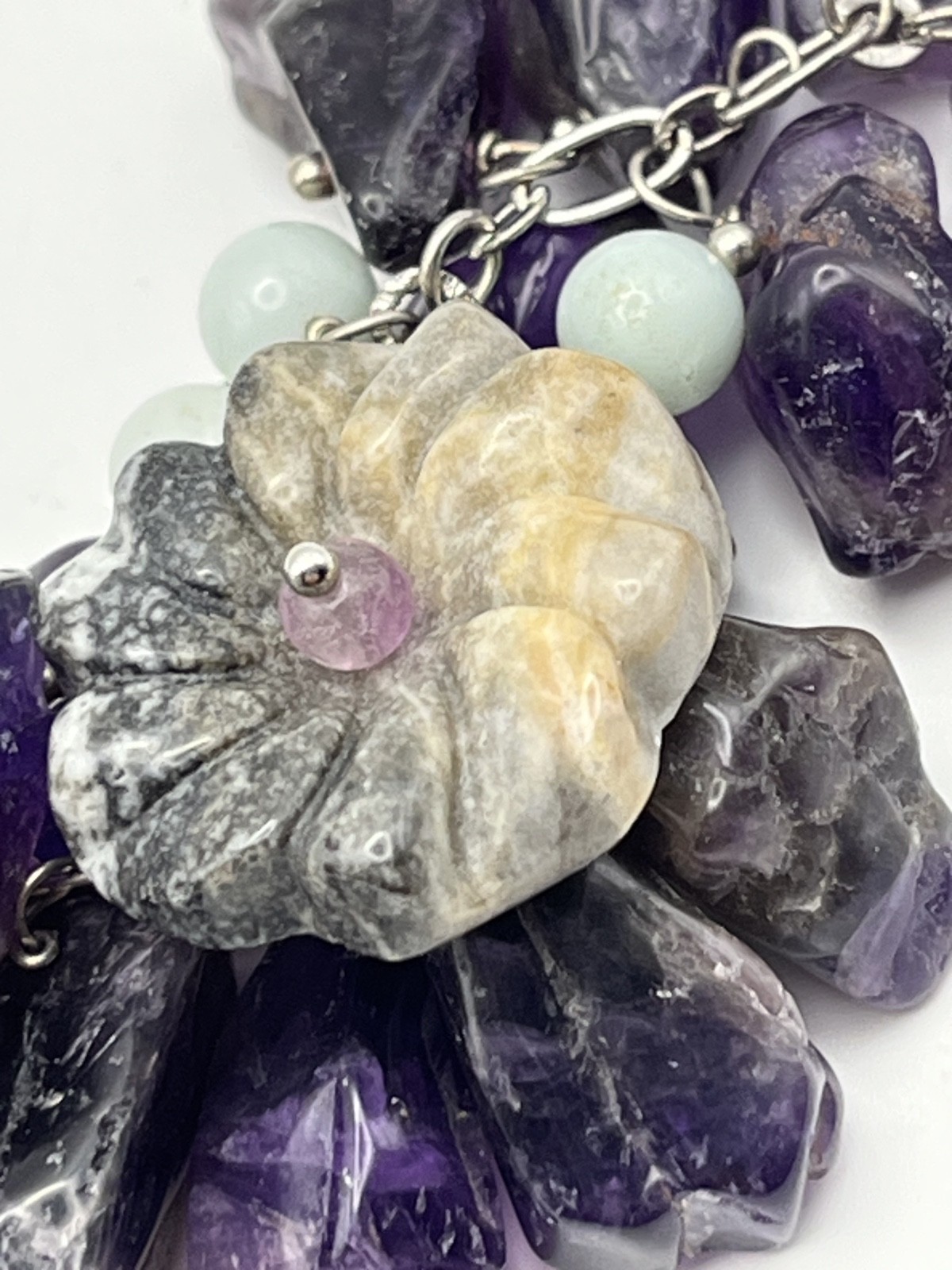 Amethyst Sodalite Purple Blue Flowers Beaded Bracelet Charm Wide Adjustable