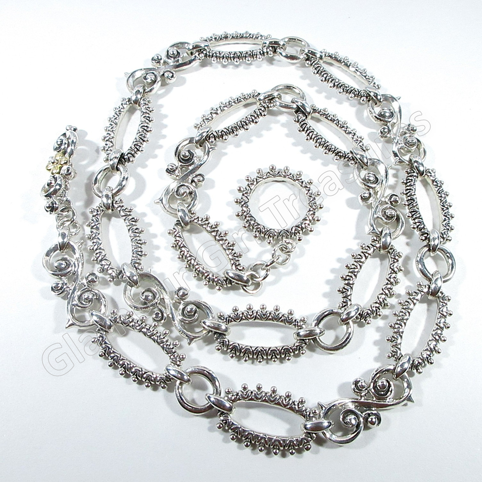 Barbara Bixby Sterling & 18K Gold Flower Scroll & Oval Link 20″ Toggle Necklace
