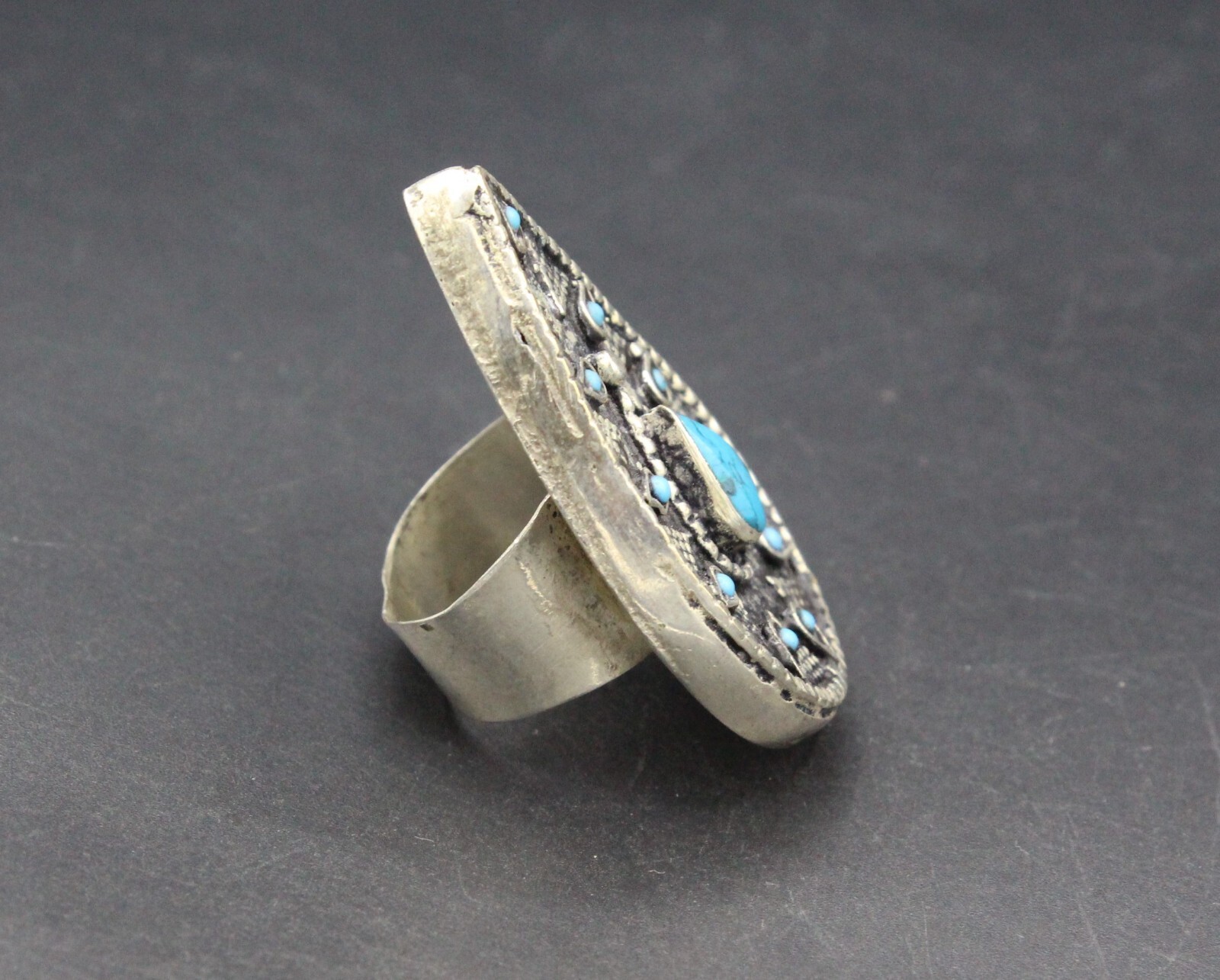 Kazakh Traditional Alpaka Ring, Turquoise Stone Ring, Oval Hand Crafted Ring 9US