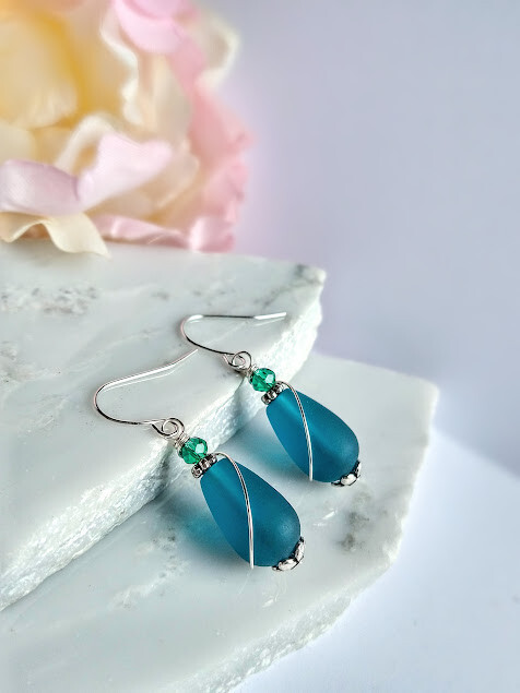 Frosted Teal Sea Glass Teardrop, Silver Ladies Dangle Earrings, Beach Fashion