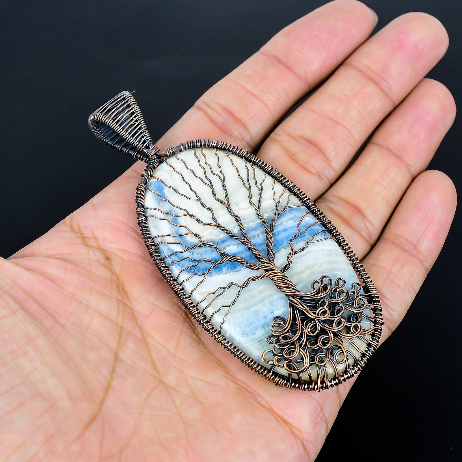 Blue Scheelite Handmade Gemstones Copper Wire Wrap Tree Of Life Pendant Jewelry