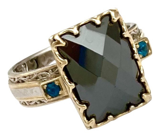 GEMS EN VOGUE Sterling Silver Gold Plated HEMATITE & NEON BLUE APATITE Ring