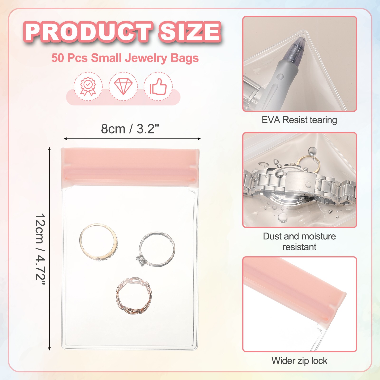 50 Pcs Anti Tarnish Jewelry Bags Pouch, 3.2 x 4.72 Inch, Pink