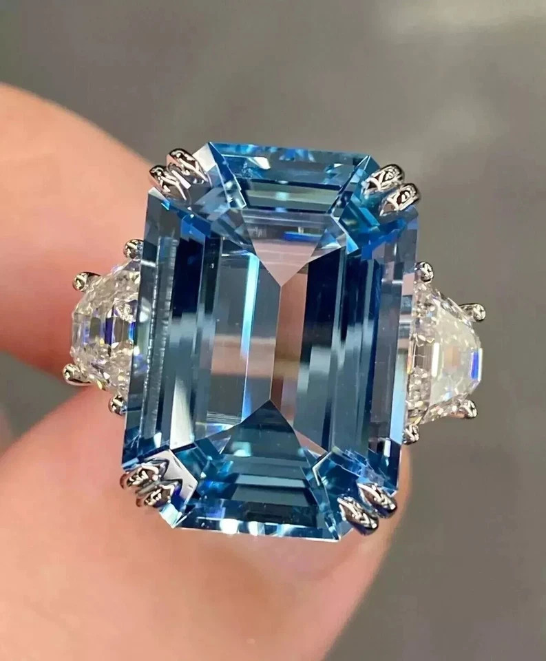 5Ct Emerald Cut Lab Created Blue Topaz Engagement Ring In 14k White Gold Plated