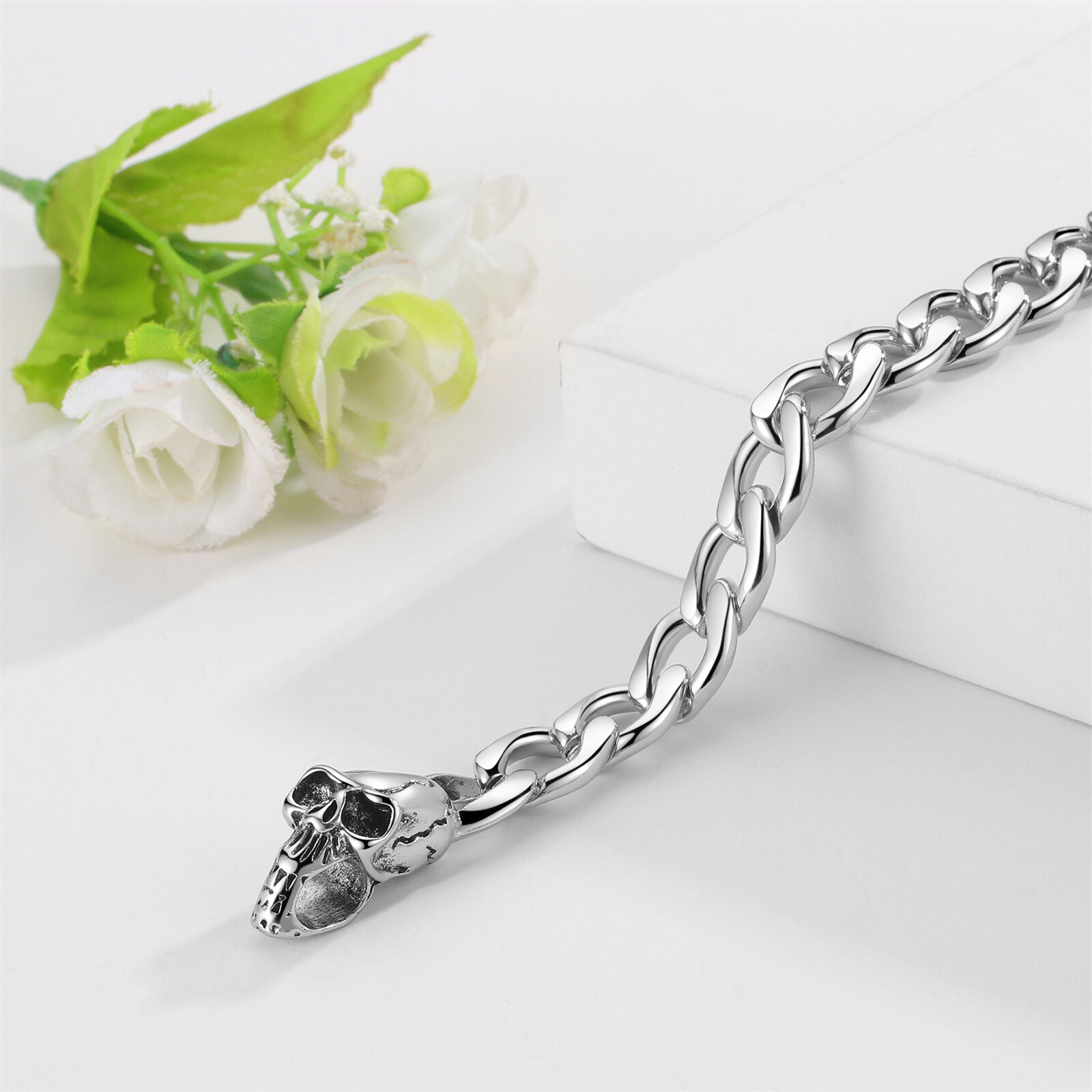Mens Boys Biker Rock 12mm Skull Miami Cuban Link Chain Stainless Steel Bracelet