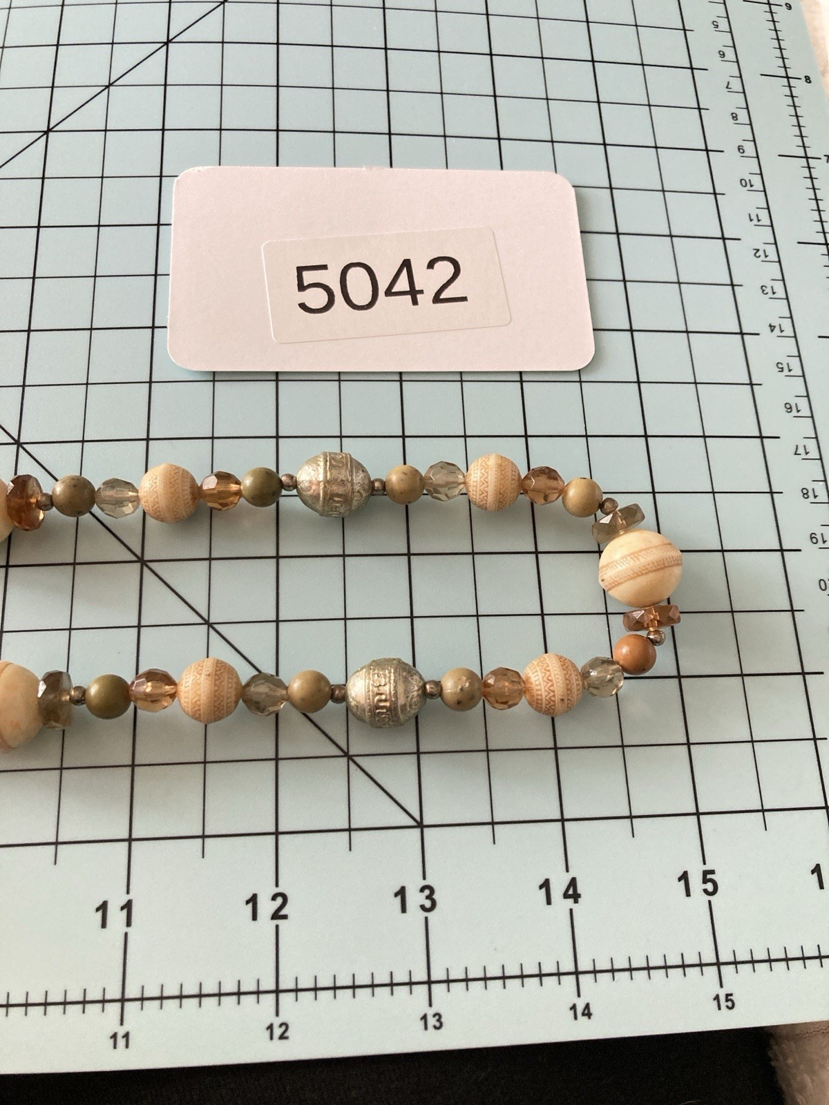 Long Beaded Necklace Wood Glass Silver Tone Neutral Earth Tone Boho Artisan