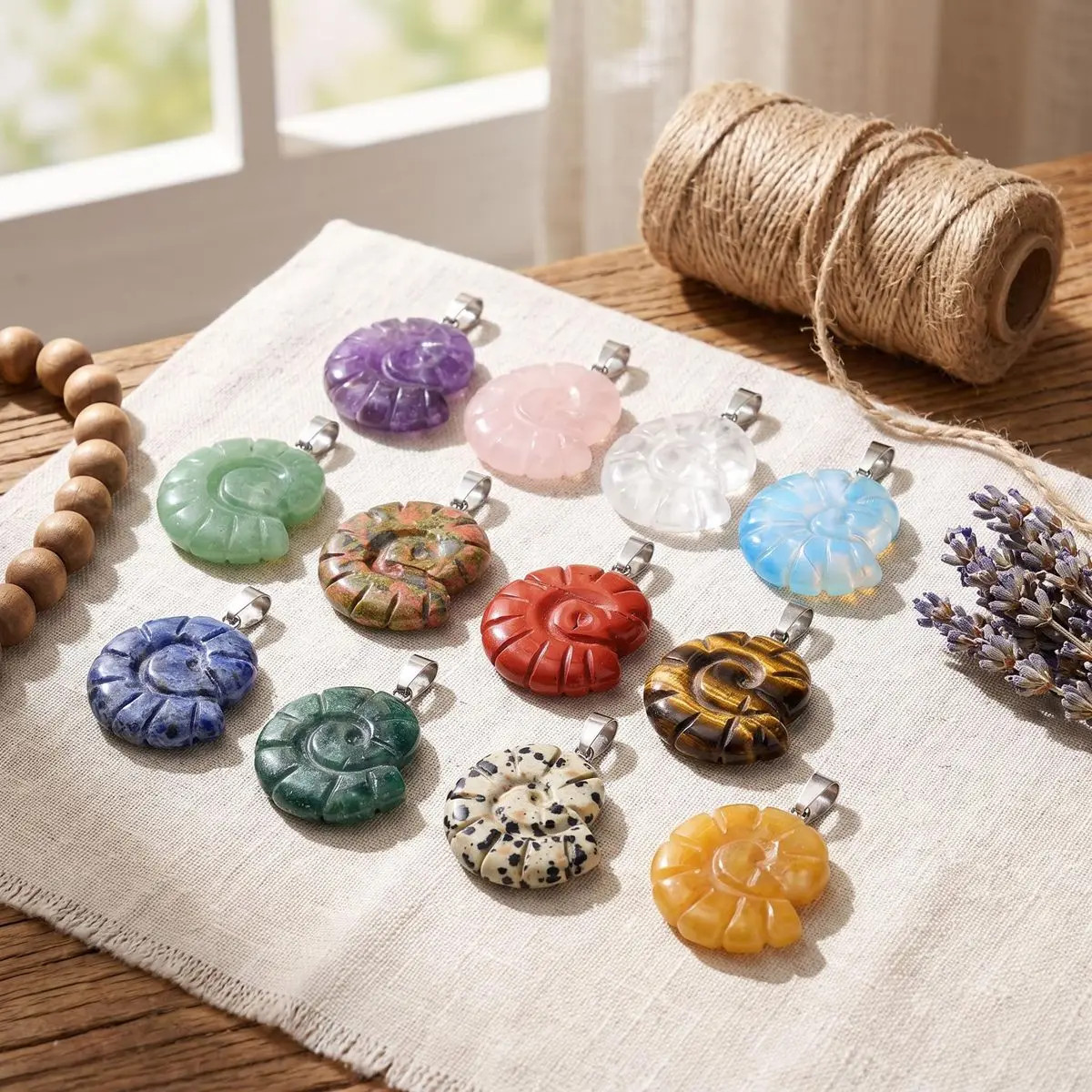 5PCS Carved Gemstone Conch Shell Pendant 25mm Crystal Ammonite Fossil Charms