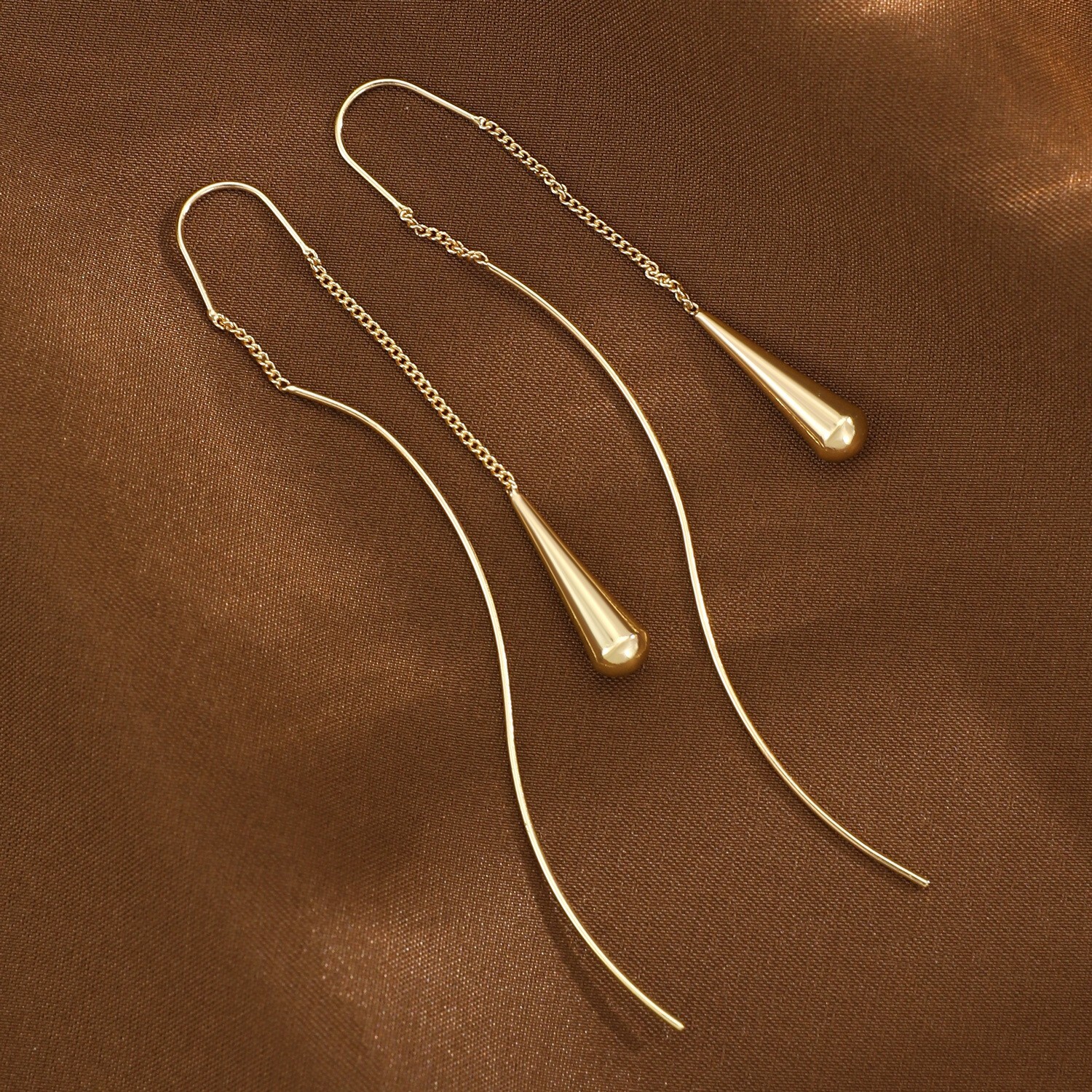 Women Silver Gold Wave Tassel Teardrop Threader Drop Chain Earrings Ear Wire S12