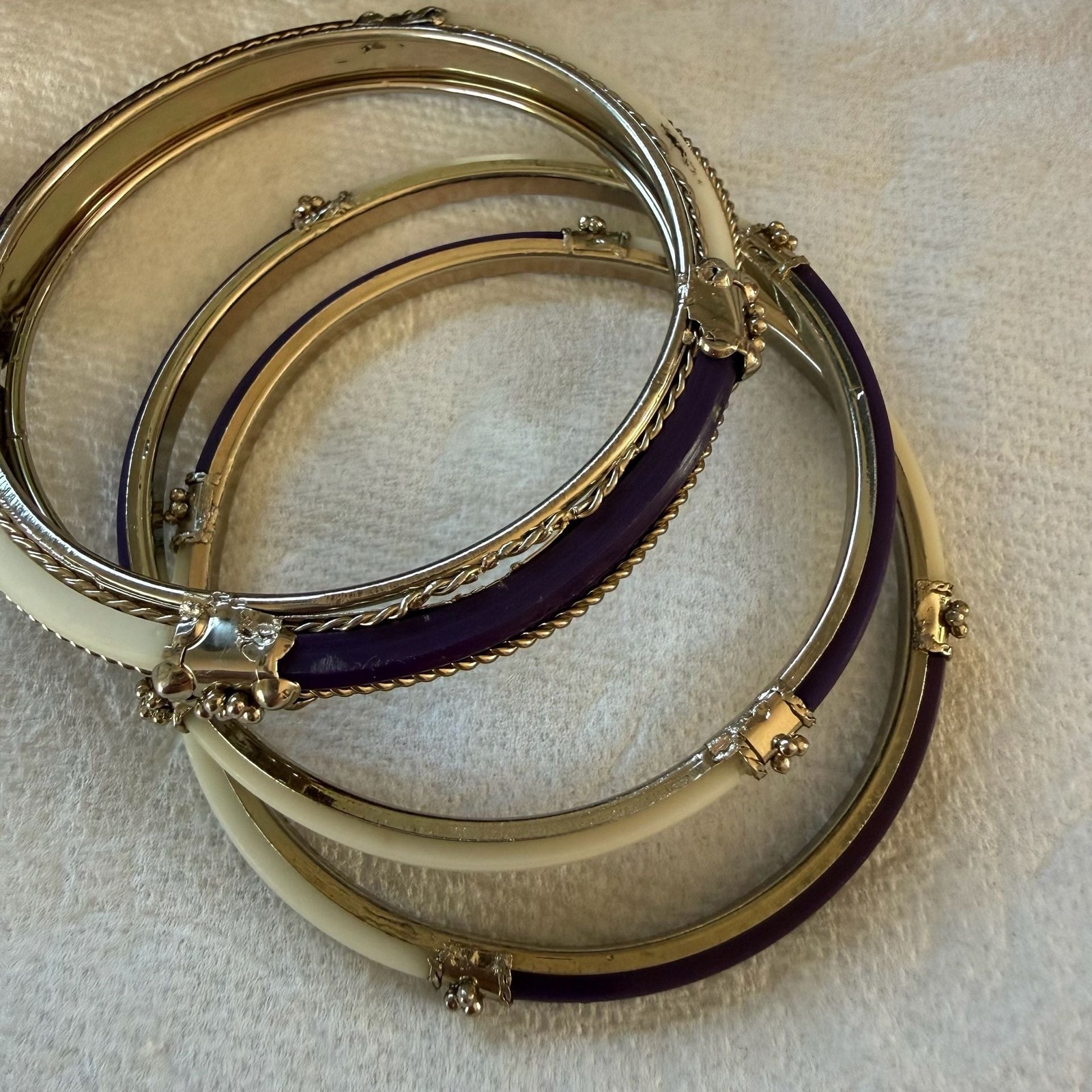 Vintage Gold Tone Bangle Bracelets with Purple and Cream Enamel Inlay
