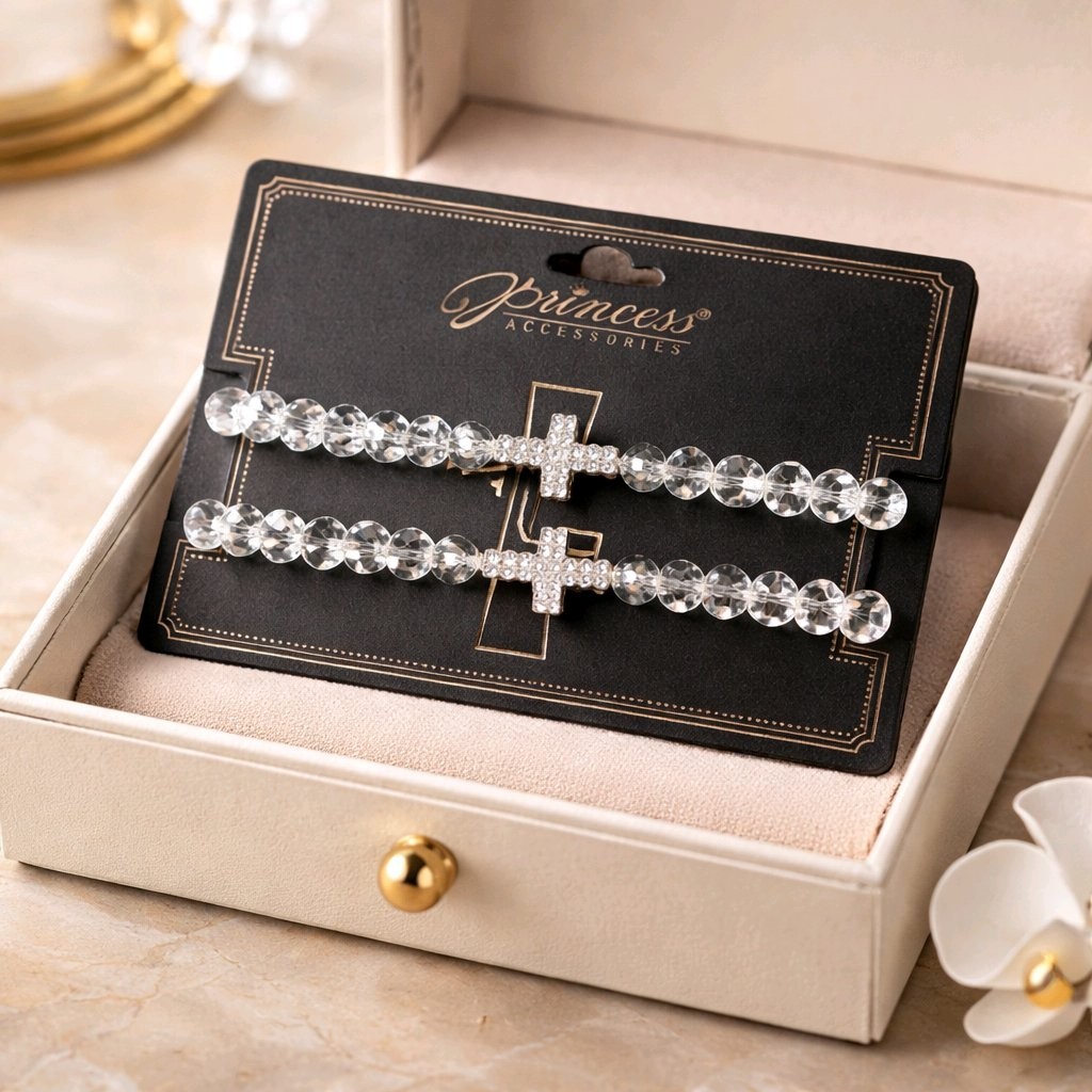 Cross Bracelet Beaded Stretch Double Strand Clear Black Rhinestone NEW Religious