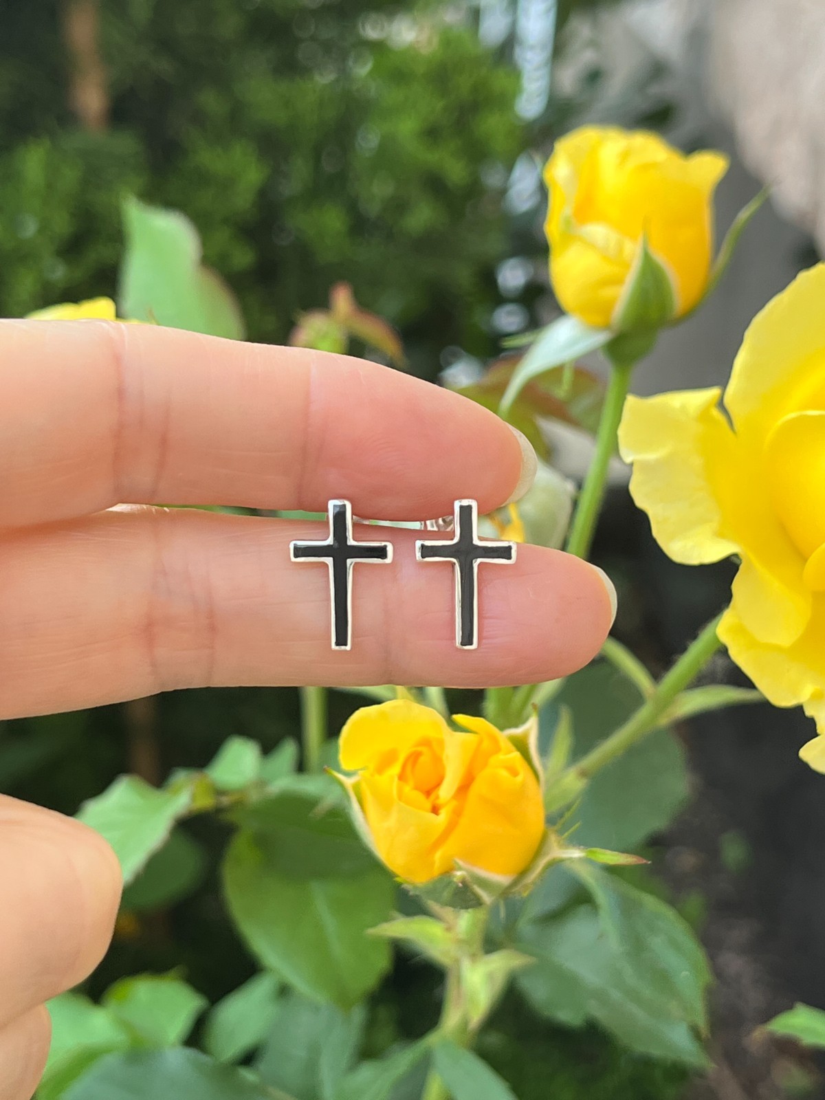 925 Sterling Silver Black Agate Long Cross Stud Earrings Men Women 14.5mm/0.57″