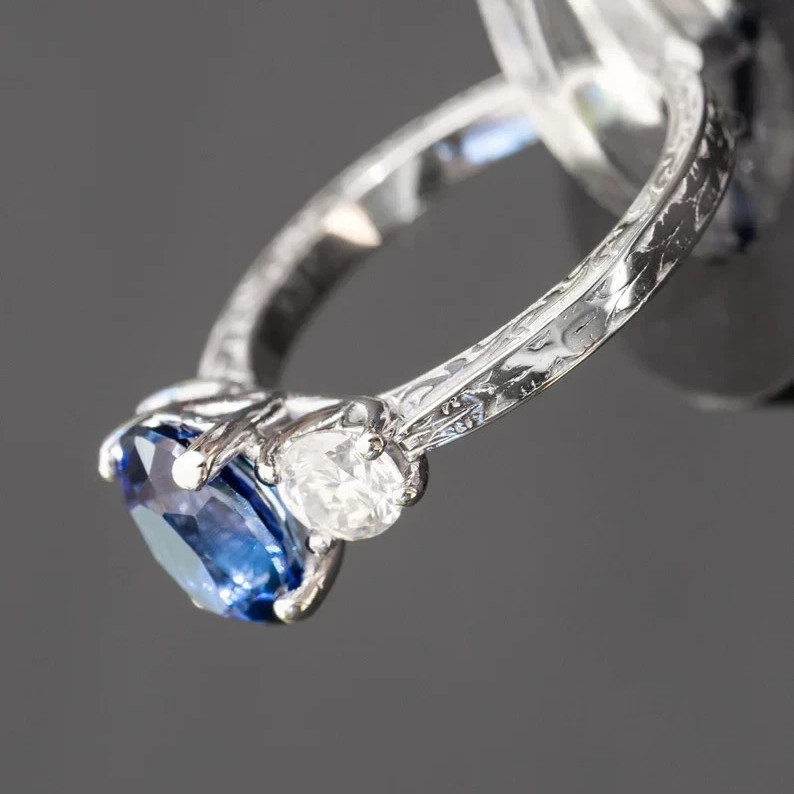 2.80 Ct Oval Natural Sapphire & Diamond Wedding Ring Sterling Silver