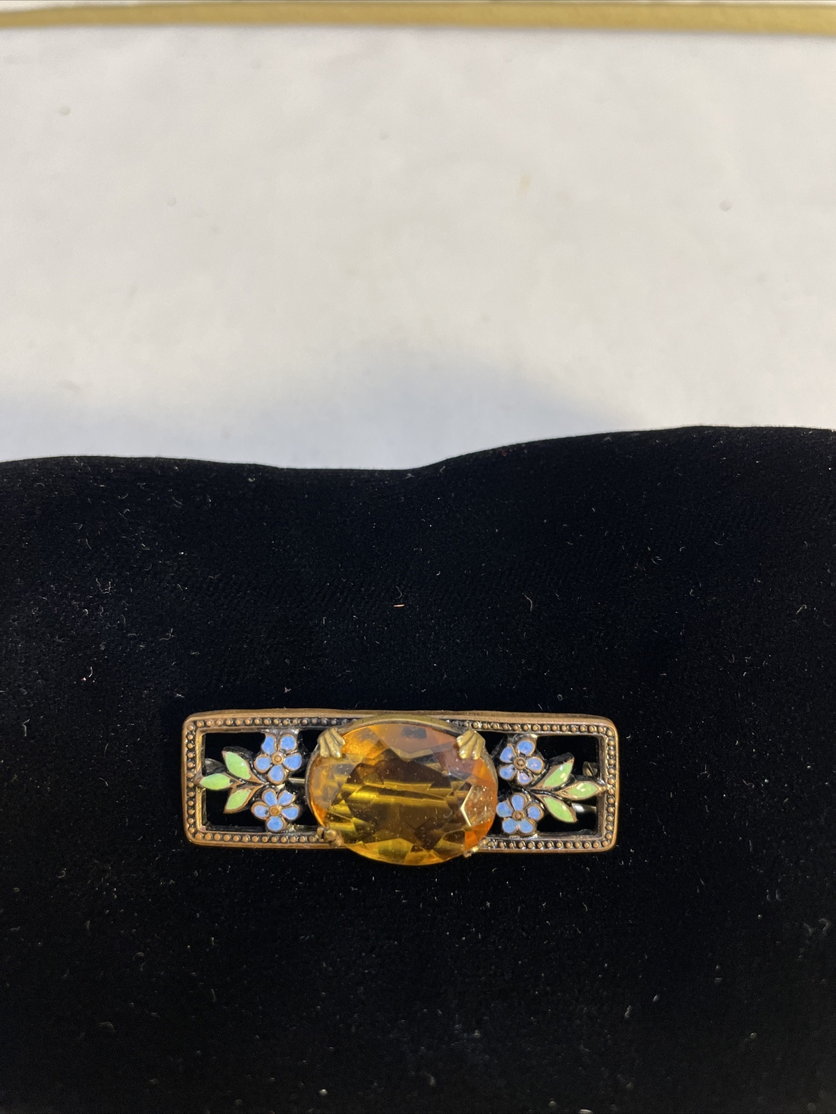Vintage Brooch Enamel & Stone/Glass Yellow Stone Metal-Brass Or Copper Pin Bac