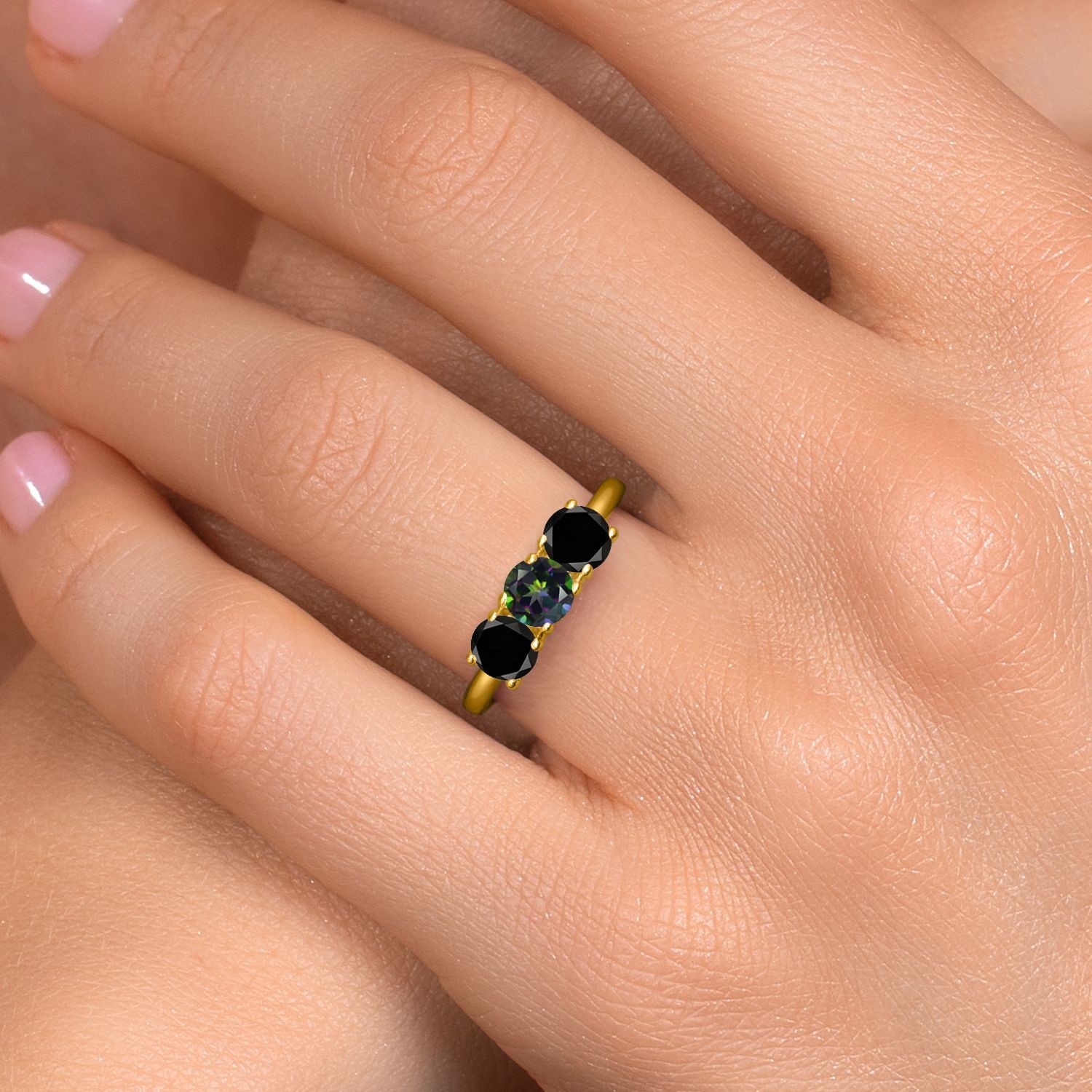 18K Yellow Gold Plated Silver Green Mystic Topaz and Black Diamond Engagement